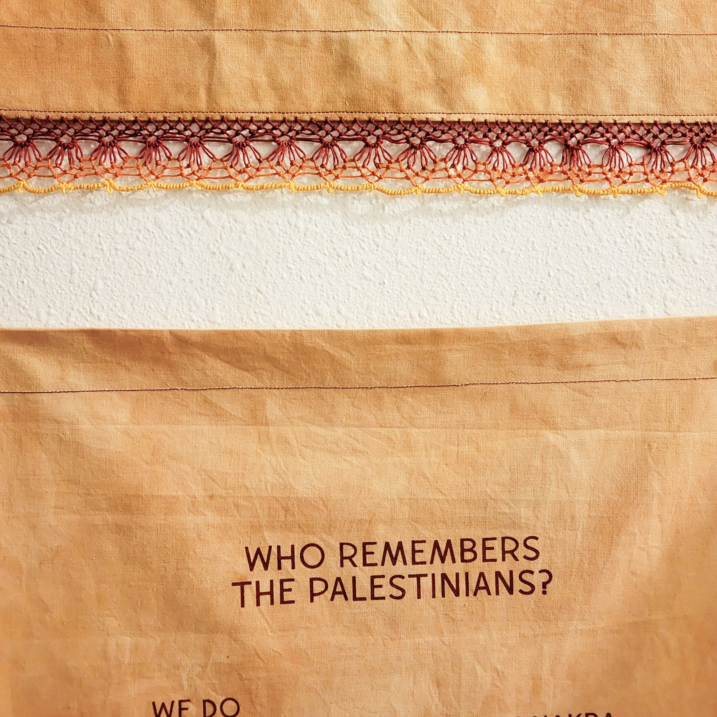Ali Cat,  Who Remembers , screenprint on fabric with lace trim (detail), Portland, Oregon, 2023. Photo credit: © Ali Cat 2023.