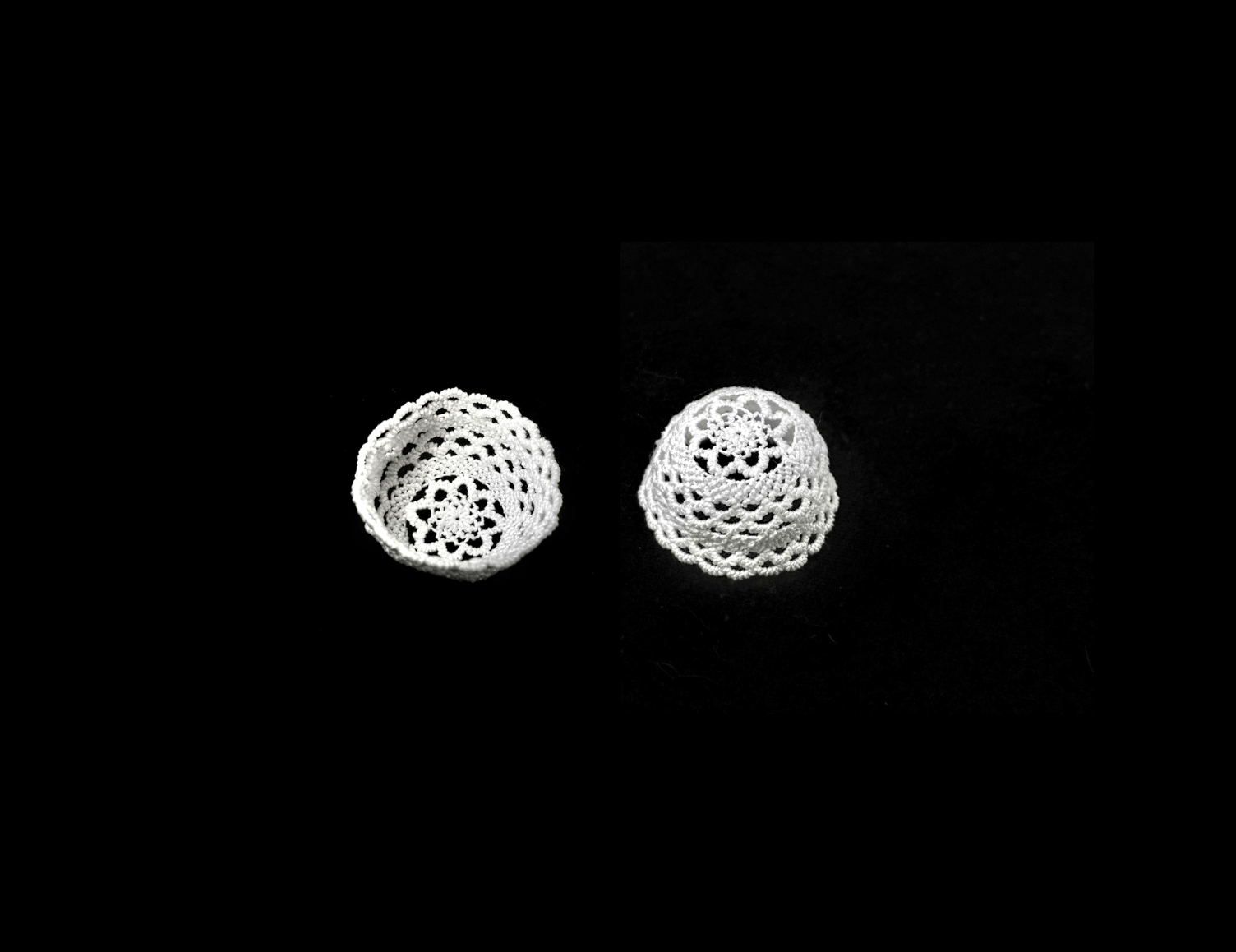 Deborah Valoma, Armenian needlelace miniature basket, referencing the needlelace pattern of her grandmother Sara Sohigian Magarian, 2024.  Photo credit: © Deborah Valoma 2024.