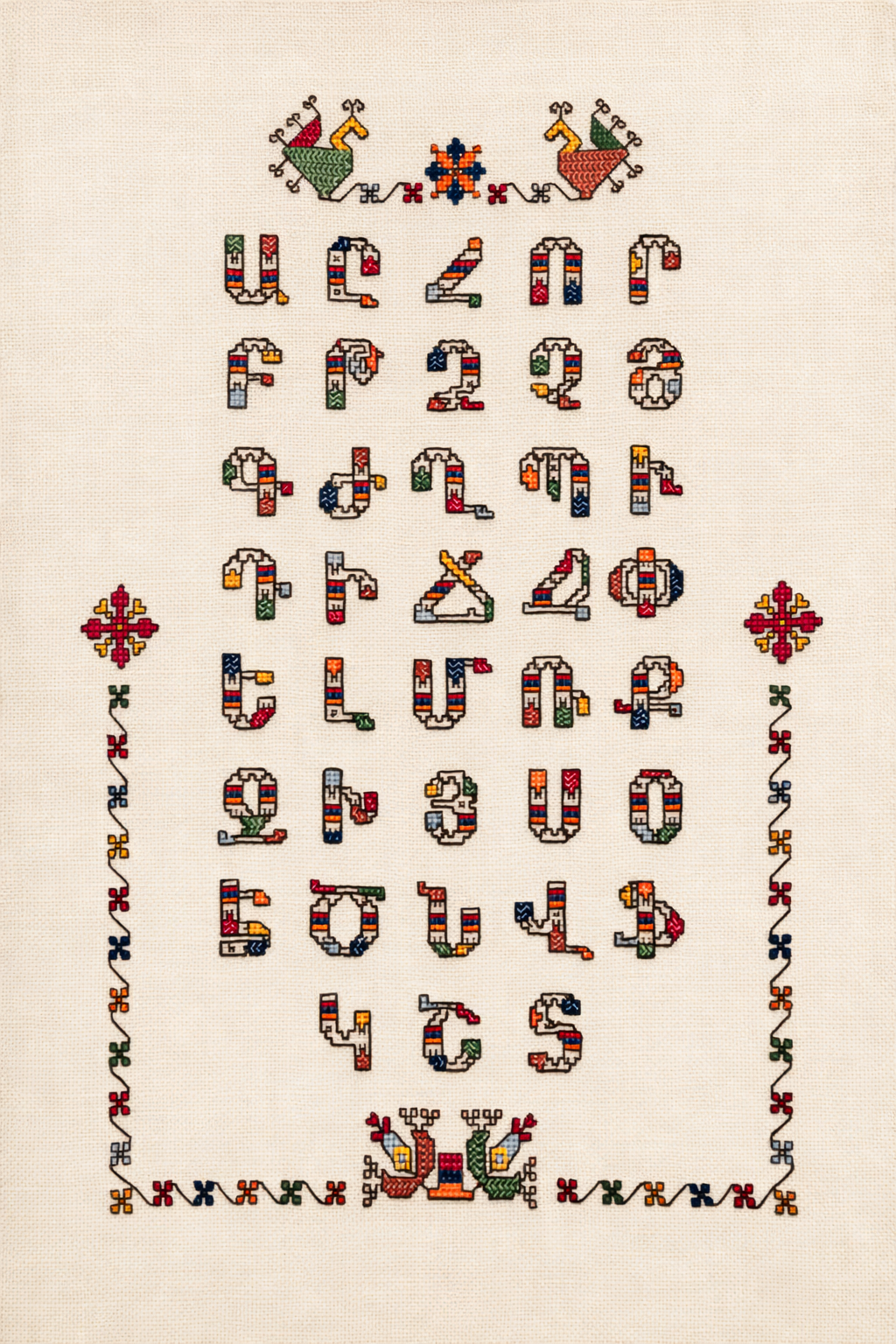 Colorful photo of Armenian alphabet embroidered onto off-white fabric