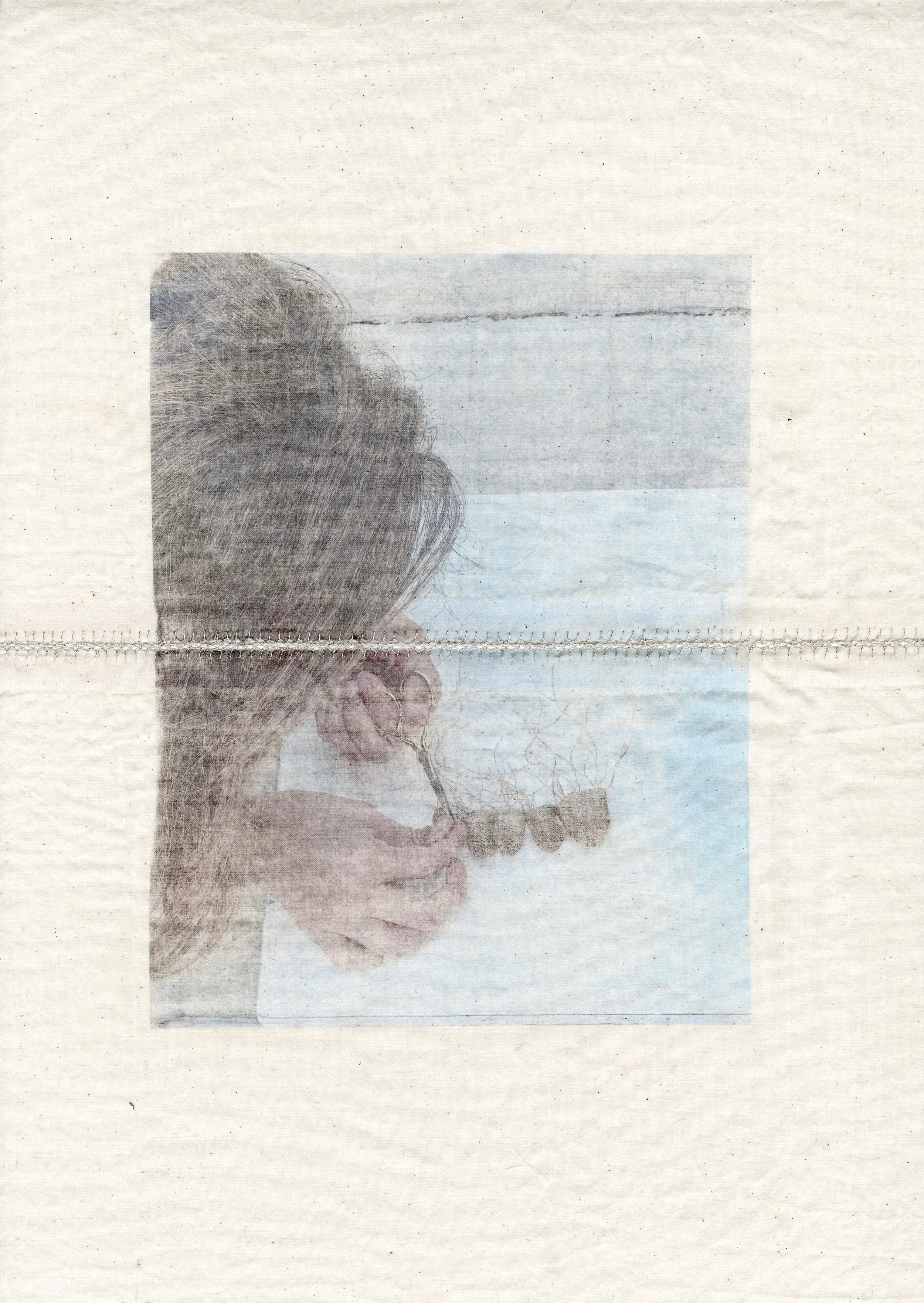 Ruzanna Hanesyan, self-portrait with lace; metallic thread, print on linen; Pasadena, CA, 2024. First exhibited at the mi526 event "Bloom," and sold. Photo credit: © Ruzanna Hanesyan 2024.