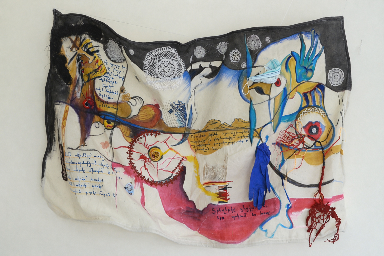 Armine Atoyan,  ԵՐԵԿ, ԱՅՍՕՐ, ՎԱՂԸ - Ուպանիշադներ (Yesterday, Today, Tomorrow - Upanishads) , lace collage, embroidery, acrylic paint, Armenia, 2019. Photo: © Armine Atoyan 2025.