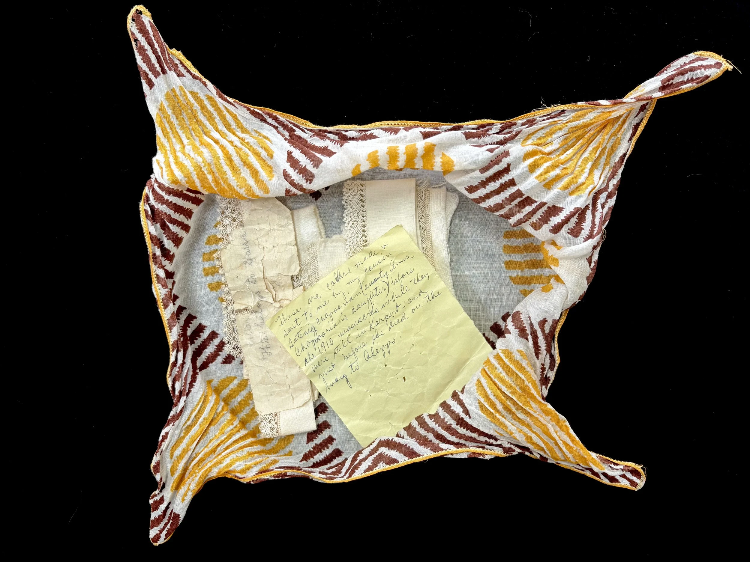 Satinig Chopoorian, four needlelace collars, ca. early 1910s, found tucked into a handkerchief with my grandmother's note describing their origin. Photo credit: © Deborah Valoma 2018.