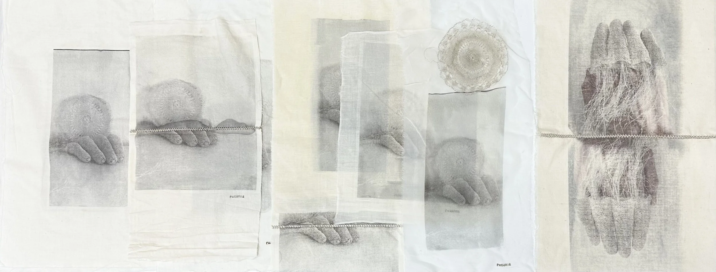 Ruzanna Hanesyan, artwork with lace; metallic thread, print on vintage fabric; Pasadena, CA, 2024. During Hanesyan's Antoinette Adams residency at ArtCenter College of Design in Pasadena, she developed a series of works that explore alternative world