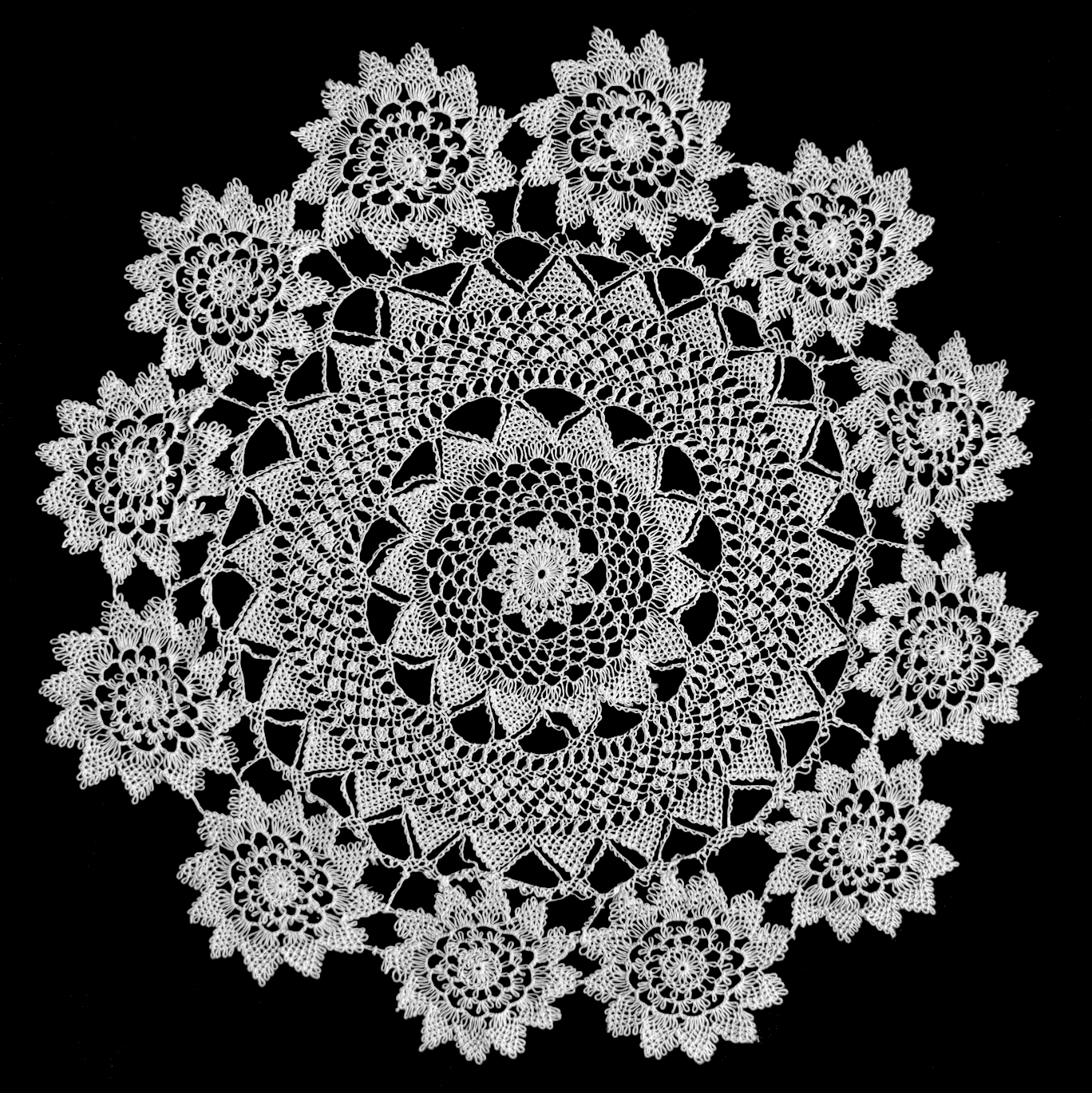 Black and white photo of Armenian needlelace doily