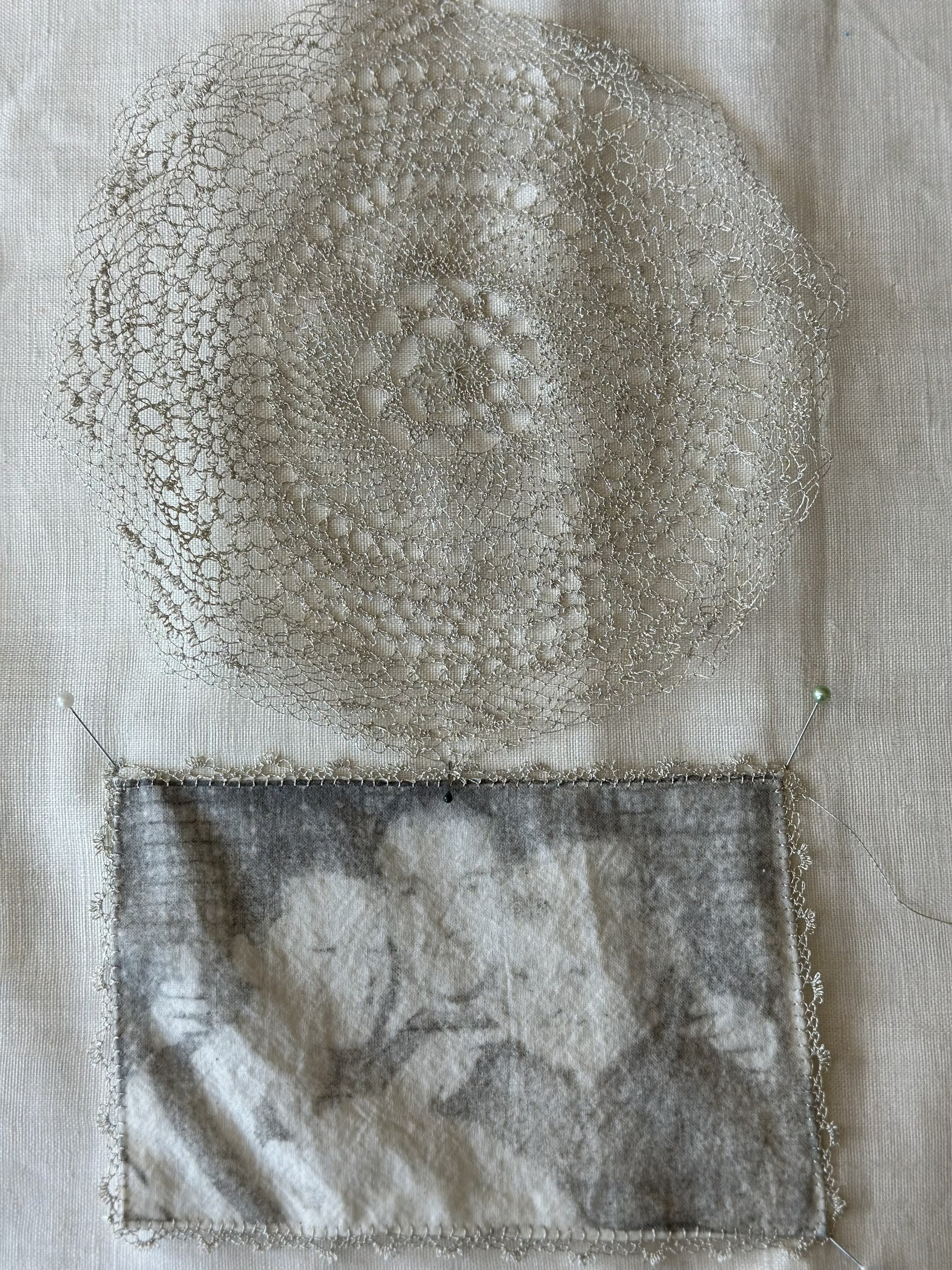 Ruzanna Hanesyan, linen print with lace, metallic thread, Pasadena, CA, 2024. Family photo transfer of Ruzanna's grandmother Anahit and her siblings. Photo credit: © Ruzanna Hanesyan 2024.