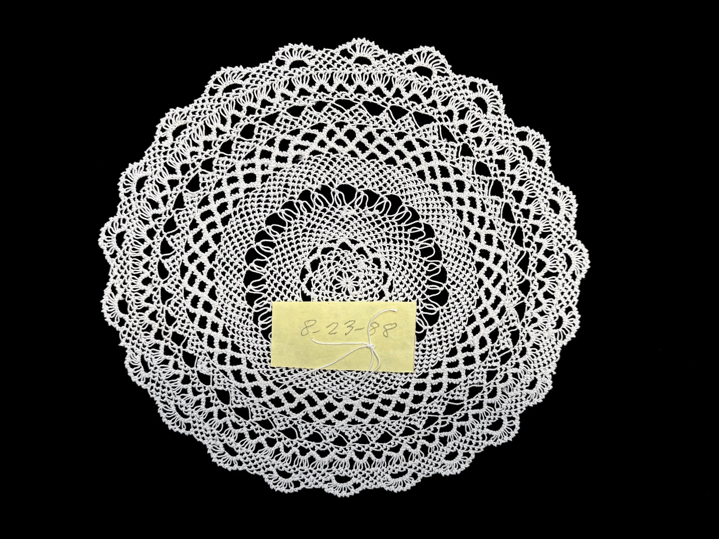 Sara Sohigian Magarian Collection. 

Sara Sohigian Magarian, needlelace doily, Fresno, California, dated 8-23-88. 

Photo credit: © Deborah Valoma 2018.