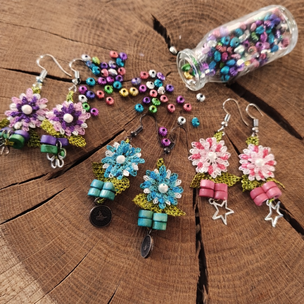 Linda Oral Şener, colorful beaded needlelace earrings, Samandağ, Hatay, Turkey. Photo: © Linda Oral Şener 2026.
