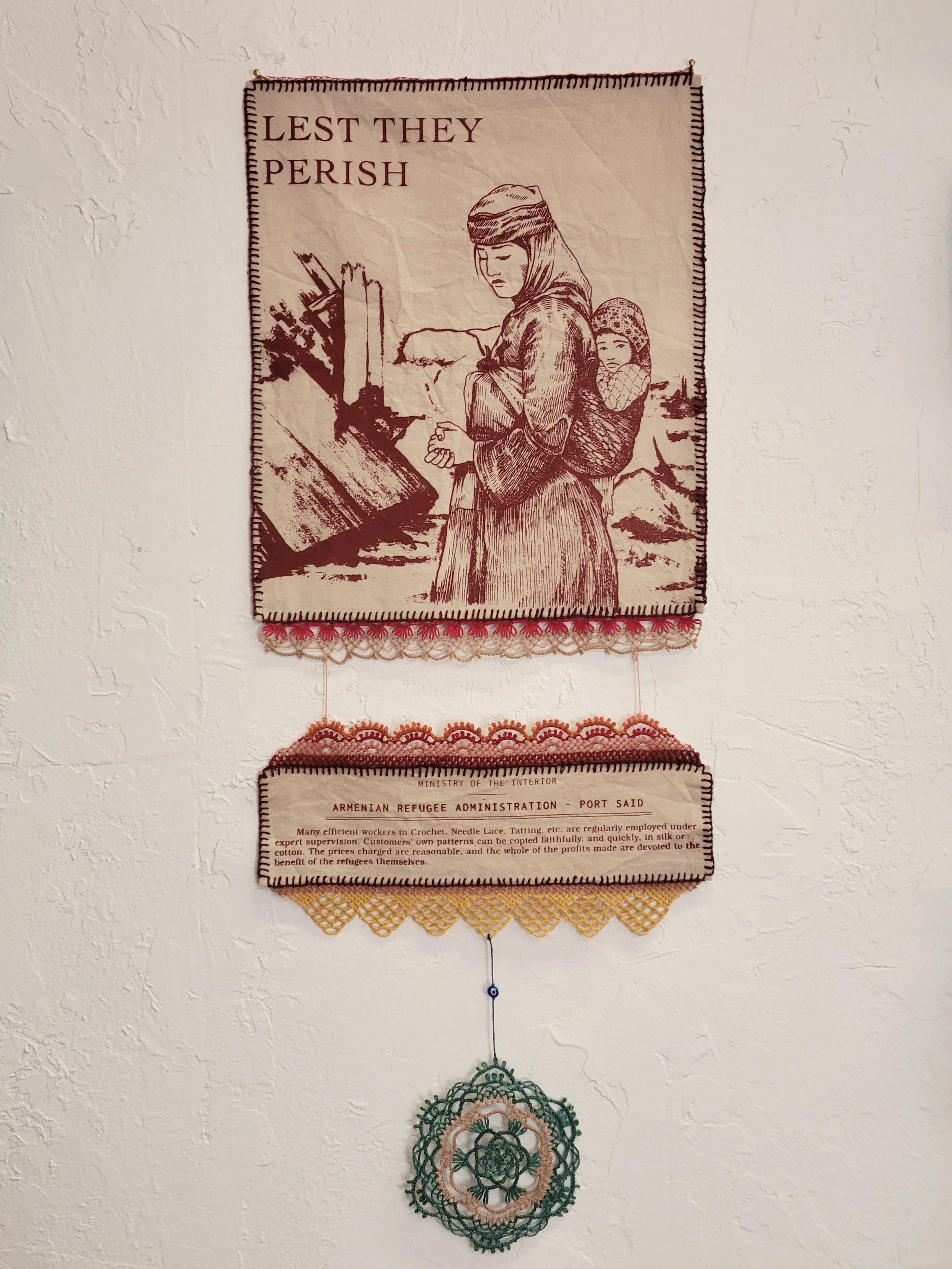 Ali Cat,  Lest They Parish , screenprint on fabric with lace trim; sumac-dyed muslin, cotton and linen thread, screen printing ink and Areni wine, Portland, Oregon, 2024. Dedicated to the victims and survivors of the Armenian genocide—a central reaso