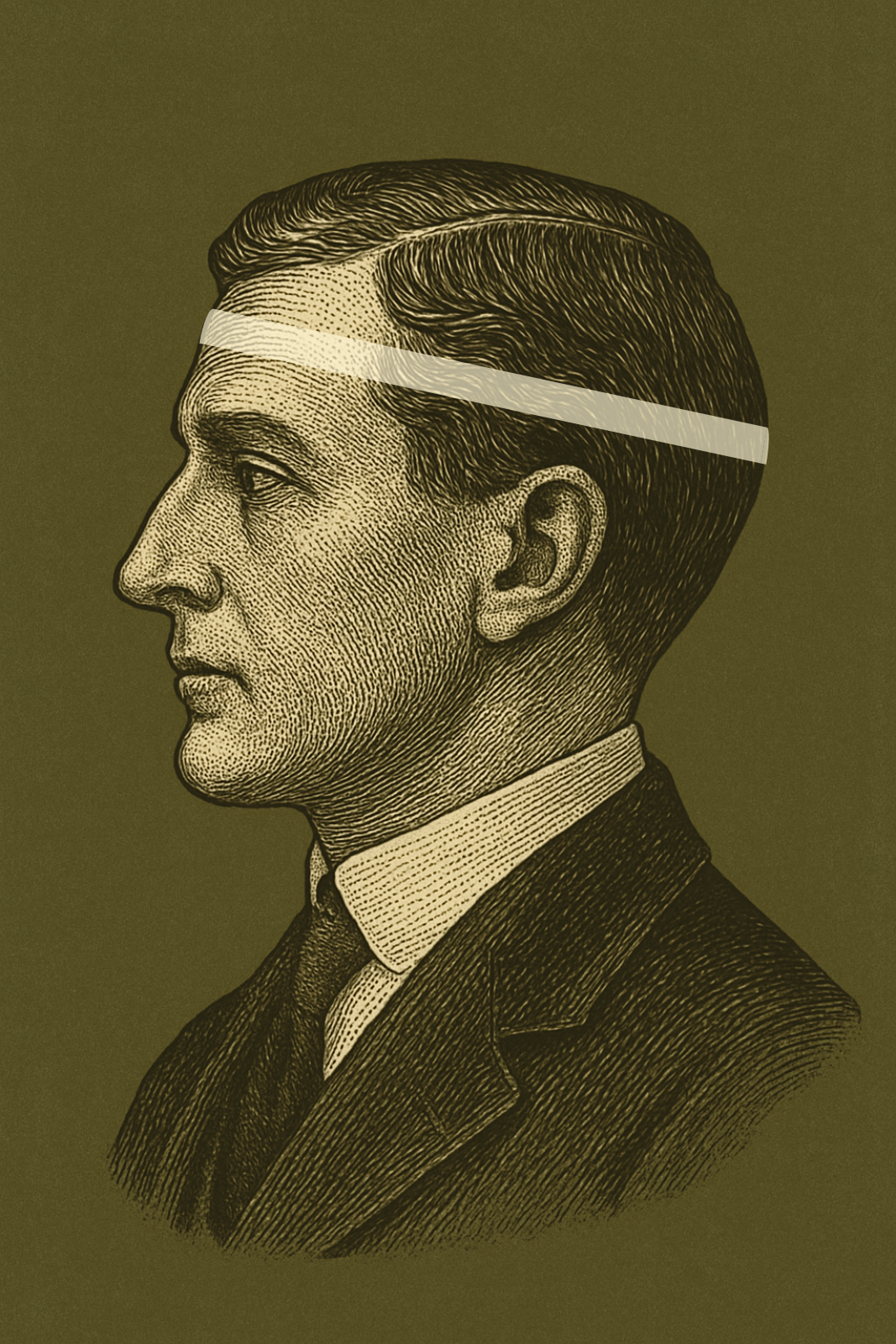 Side profile of a man portrait in engraved format with a white line across his forehead.