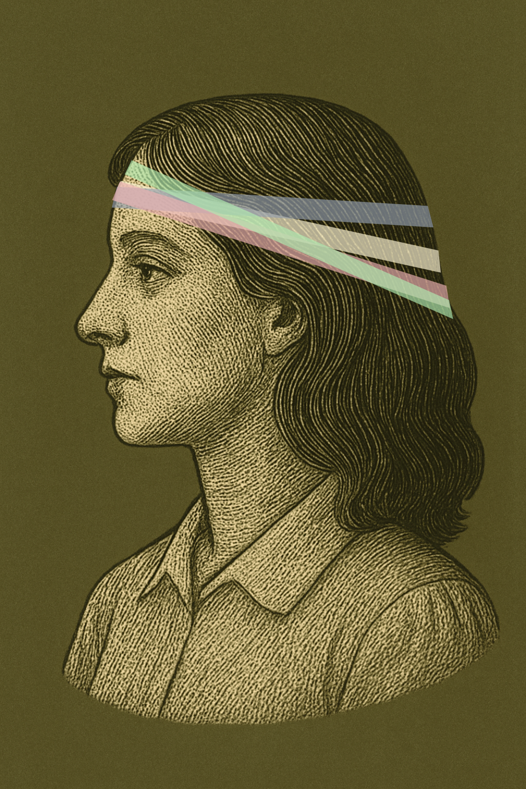 Side profile of a woman portrait in engraved format with several lines across her forehead.