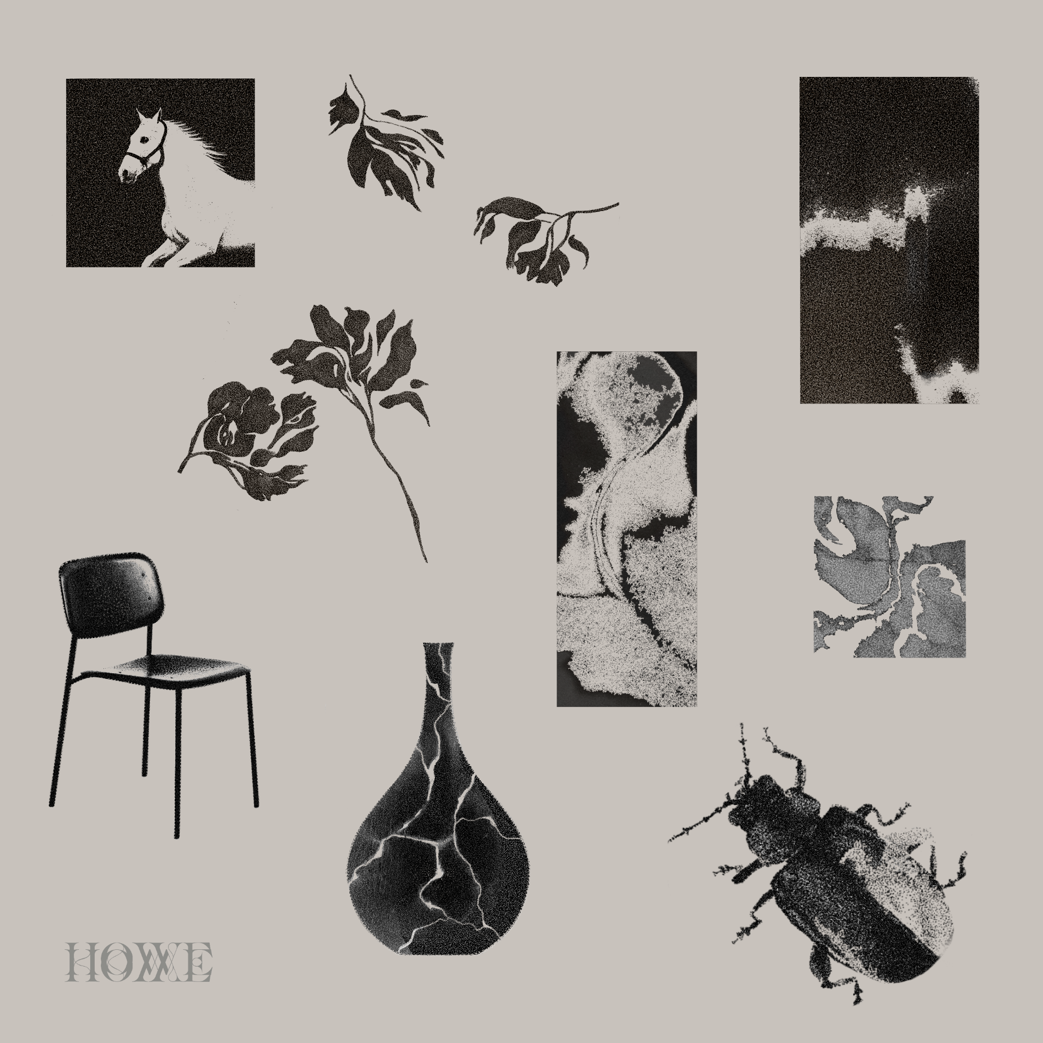 A digital collage of black and gray images includes a horse's head, a chair, a vase with lightning patterns, a beetle, leaves, abstract shapes, and the word "HOME" in the bottom left corner.