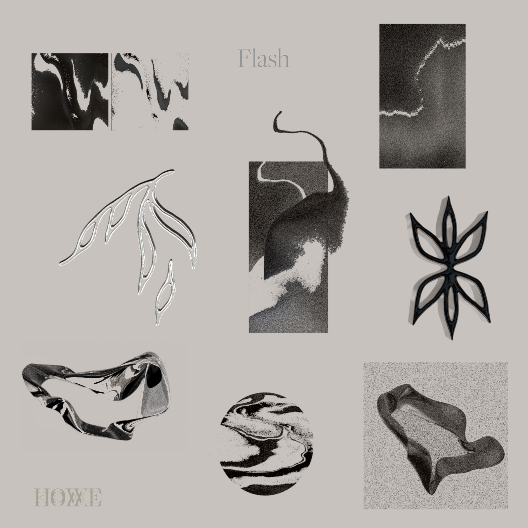 Abstract black and white collage with various artistic elements including squiggly lines, floral shapes, a circular swirl, and the word 'Flash' at the top center. The word 'HOME' is faintly visible at the bottom left.