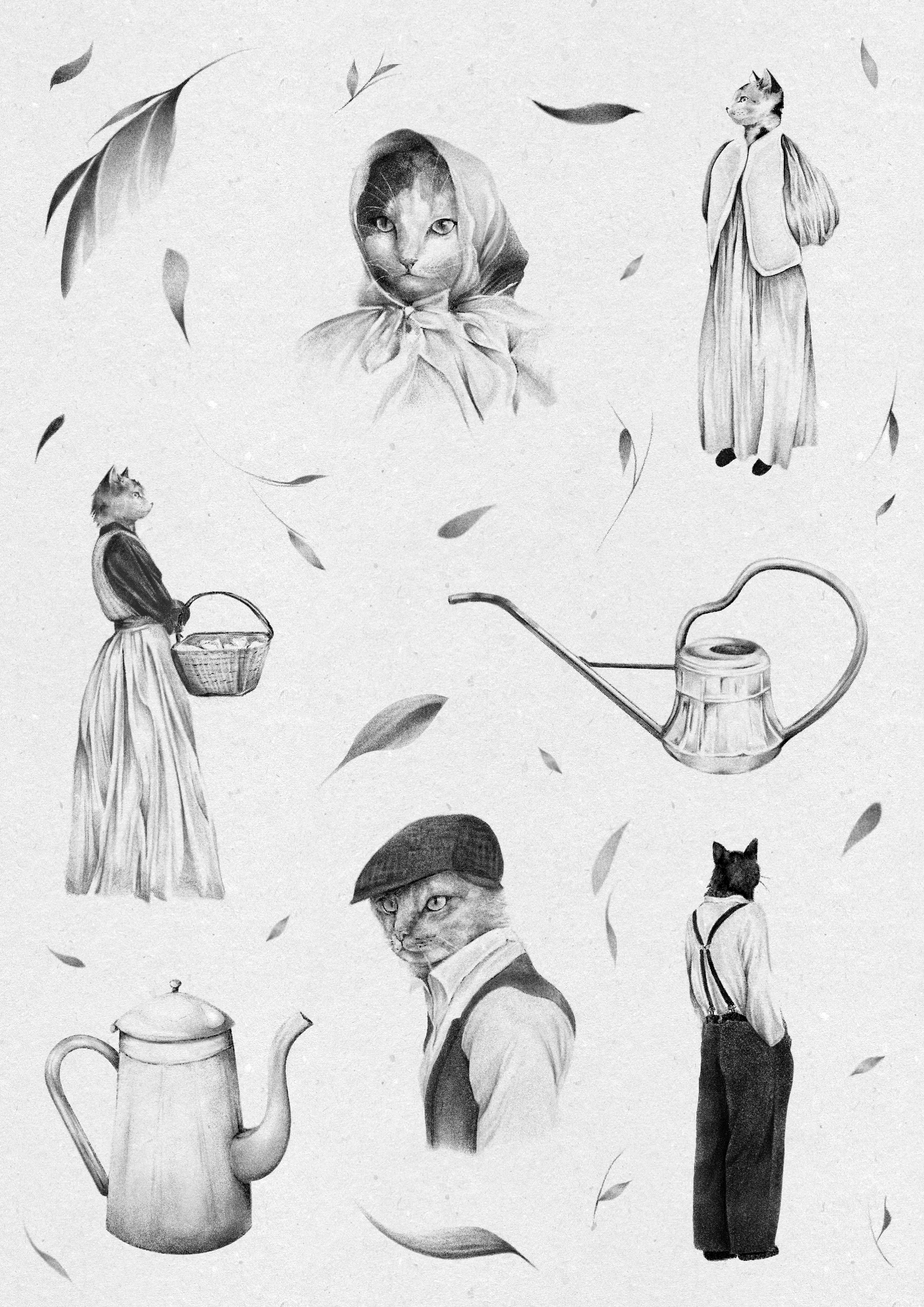 Illustration of cats with human characteristics and clothing, including a cat with a hood, a standing cat with a dress, a cat carrying a basket, a man-cat with glasses and a cap, and several floating leaves, along with a watering can and a teapot.