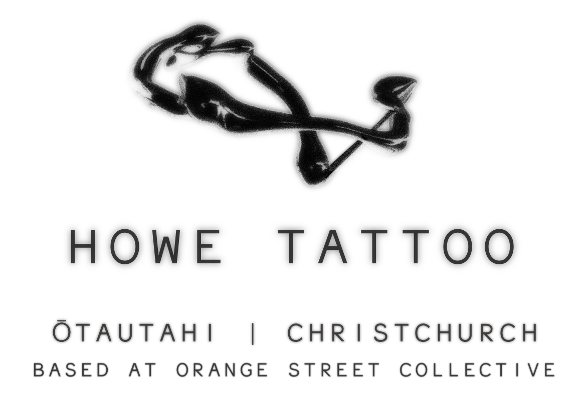 Black ink tattoo of a stethoscope with the text 'Howe Tattoo, Ōtautahi | Christchurch, based at Orange Street Collective'