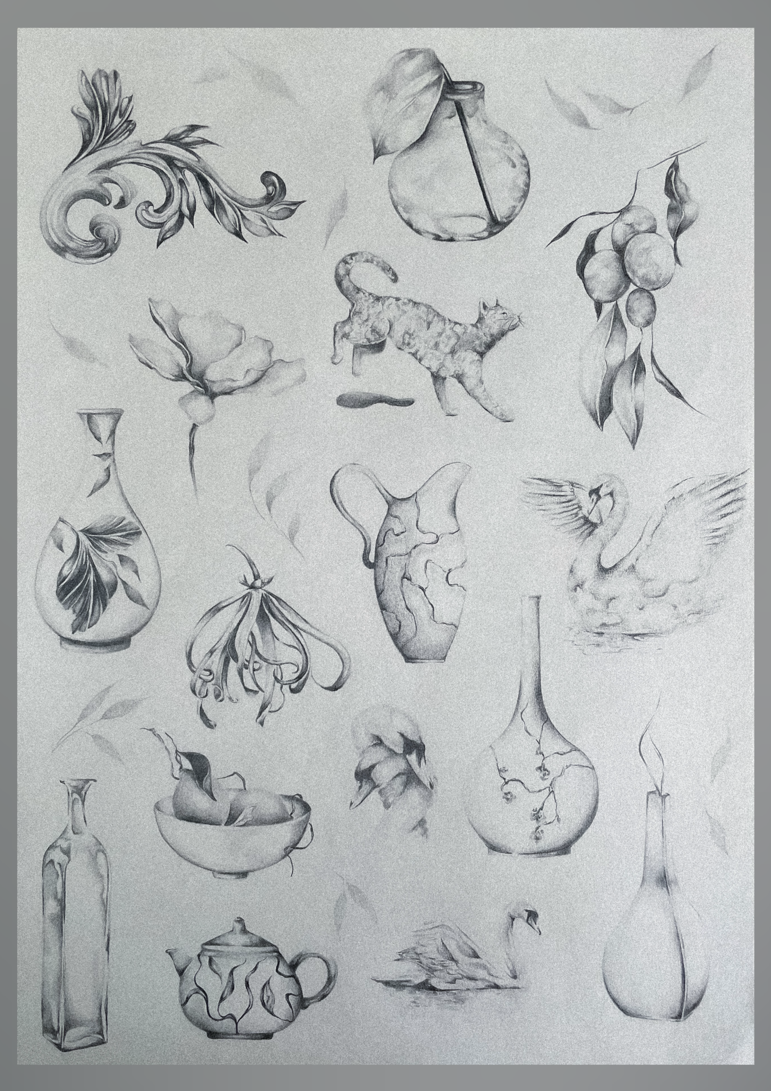 A collection of botanical and nature-themed sketches, including flowers, leaves, a cat, a frog, vessels, a swan, and decorative elements, all rendered in pencil.