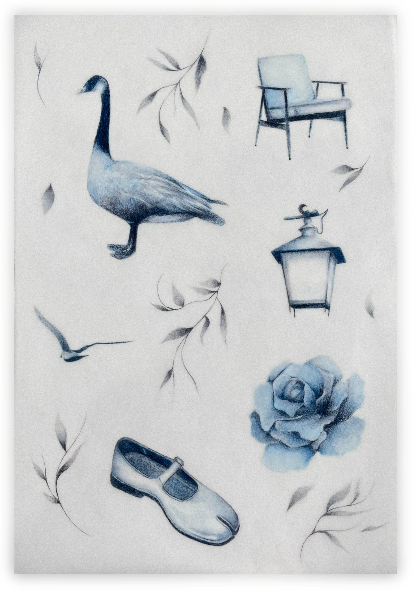 Tattoo-style blue and gray illustrations of a goose, a chair, a lantern, a rose, a ballet flat shoe, and scattered leaves.