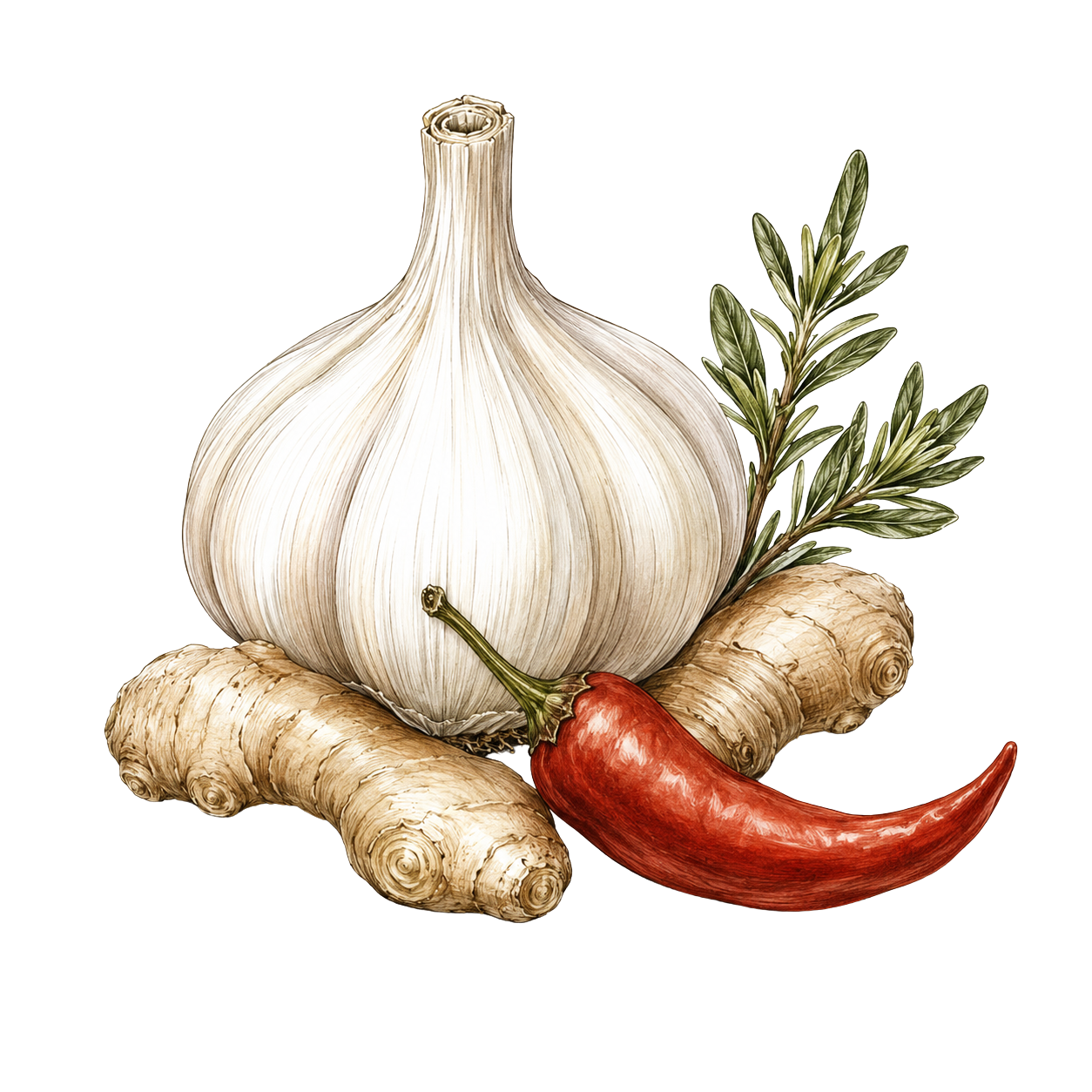 A bunch of garlic, ginger root, a red chili pepper, and a sprig of rosemary on a white background.