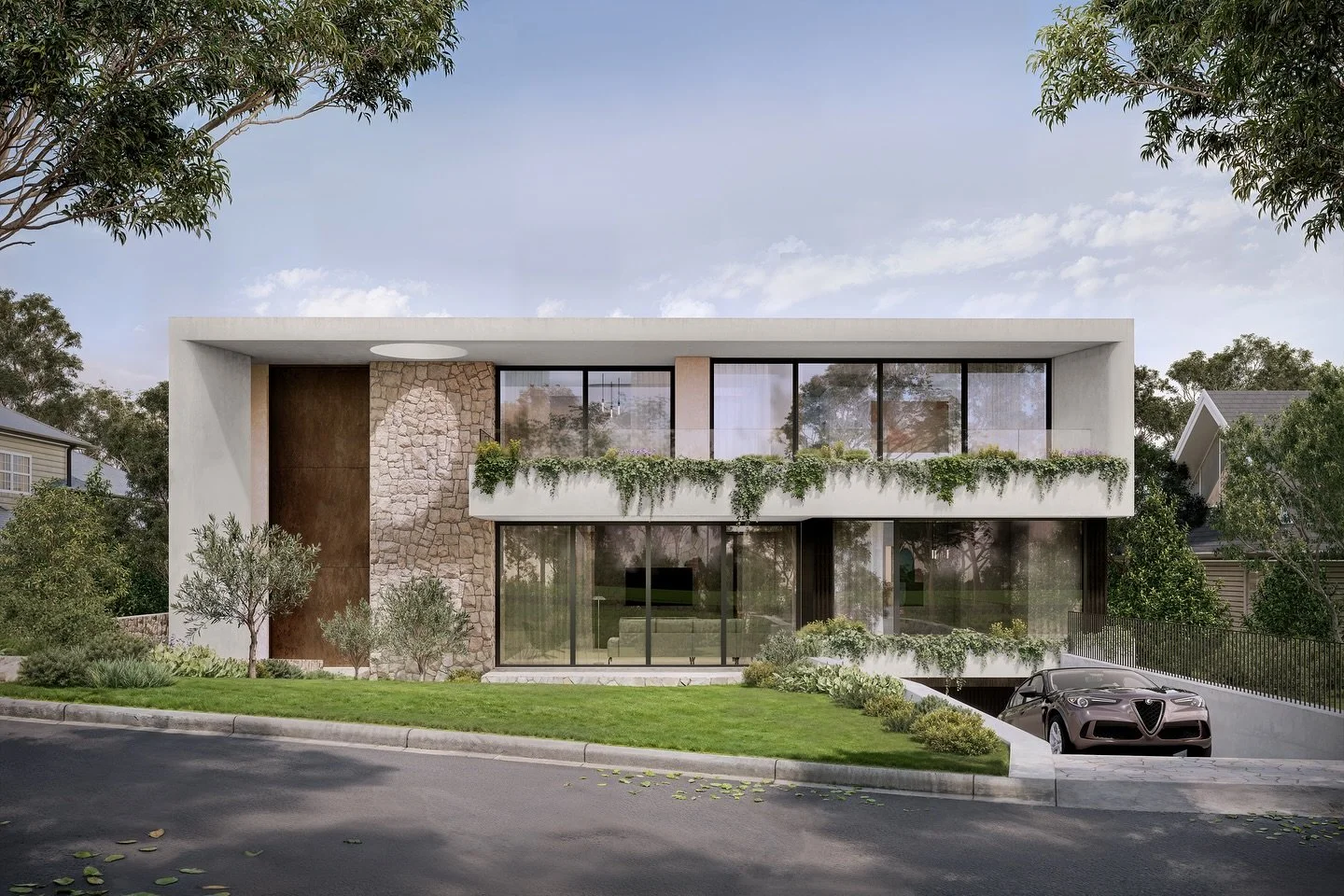 St Ives // This contemporary single dwelling home features a contemporary architectural design with a combination of different materials, including stone and concrete. 

The fa&ccedil;ade showcases large windows that allow for ample natural light, fr