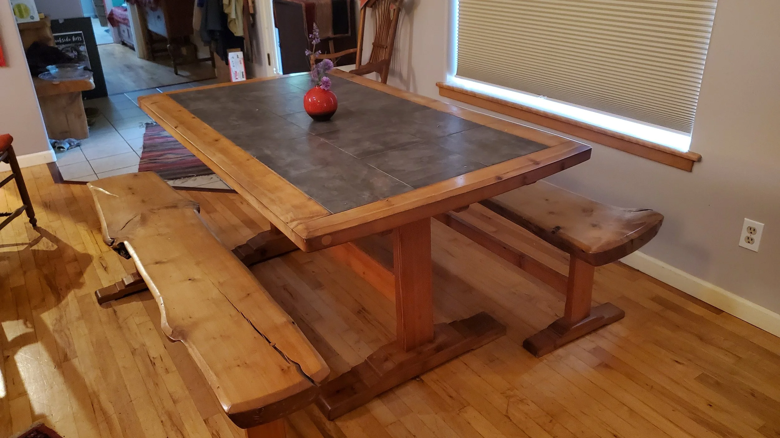 Cherry wood and tyle table and benches, co-created with J. Richardson