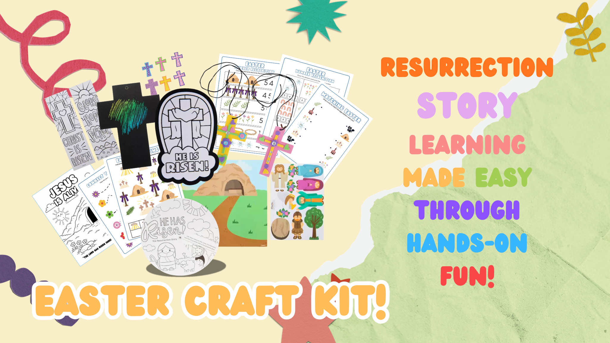 image includes the components of the little lights easter craft kit to help toddlers learn about the resurrection of Jesus in a fun, hands-on way stickers, coloring pages, cross crafts and more are in view.
