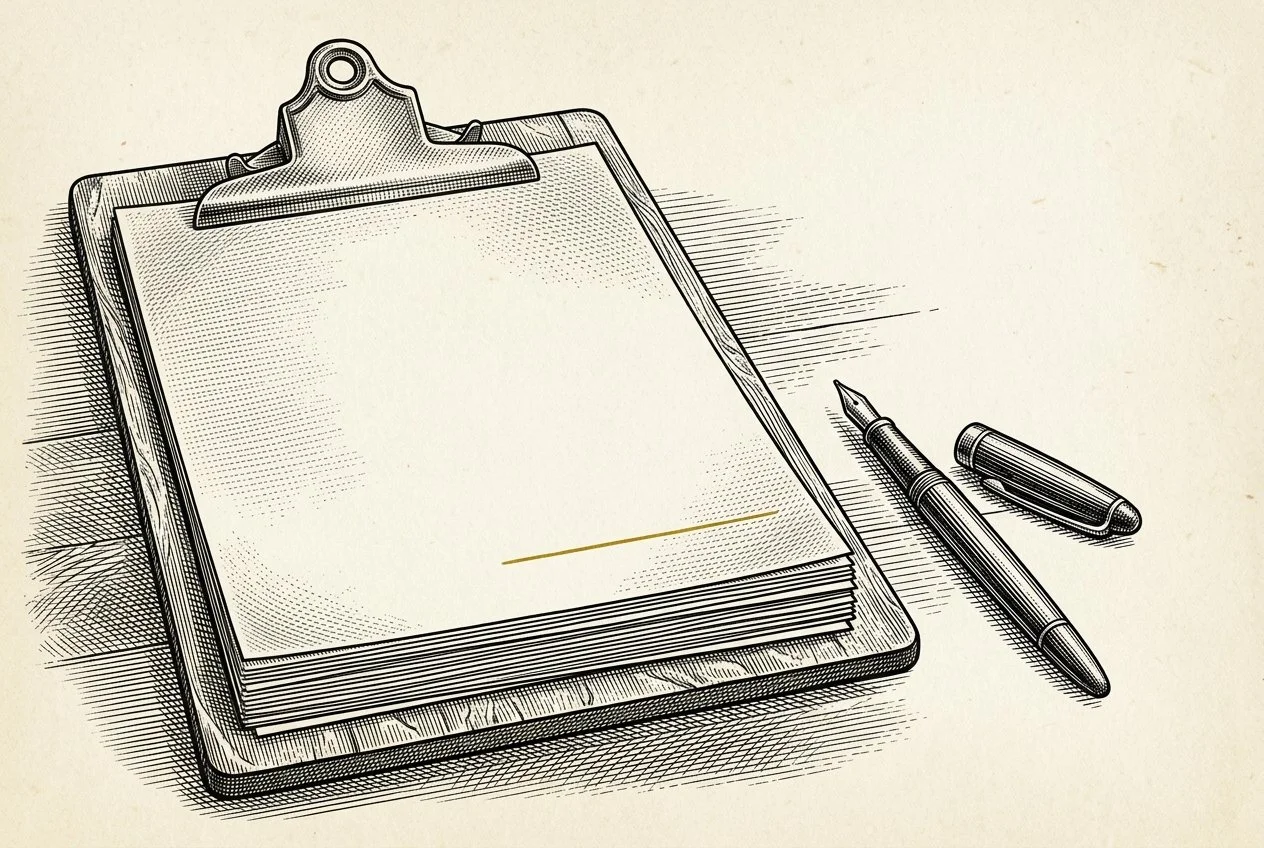 Engraving of a clipboard of forms, the signature line on the top sheet picked out in gold.