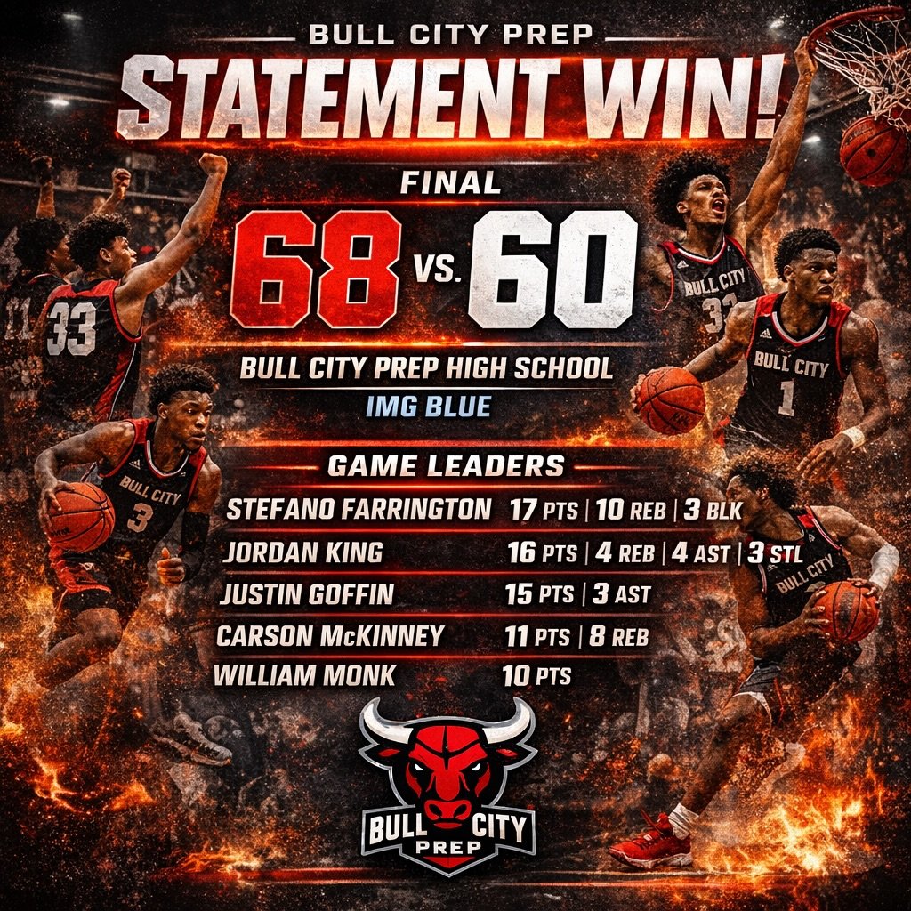 Bull City Prep Academy High School follows up with a solid win vs. IMG Blue at Big Shots Showcase! #GoBulls #Teamwork #LockedIn #Focused