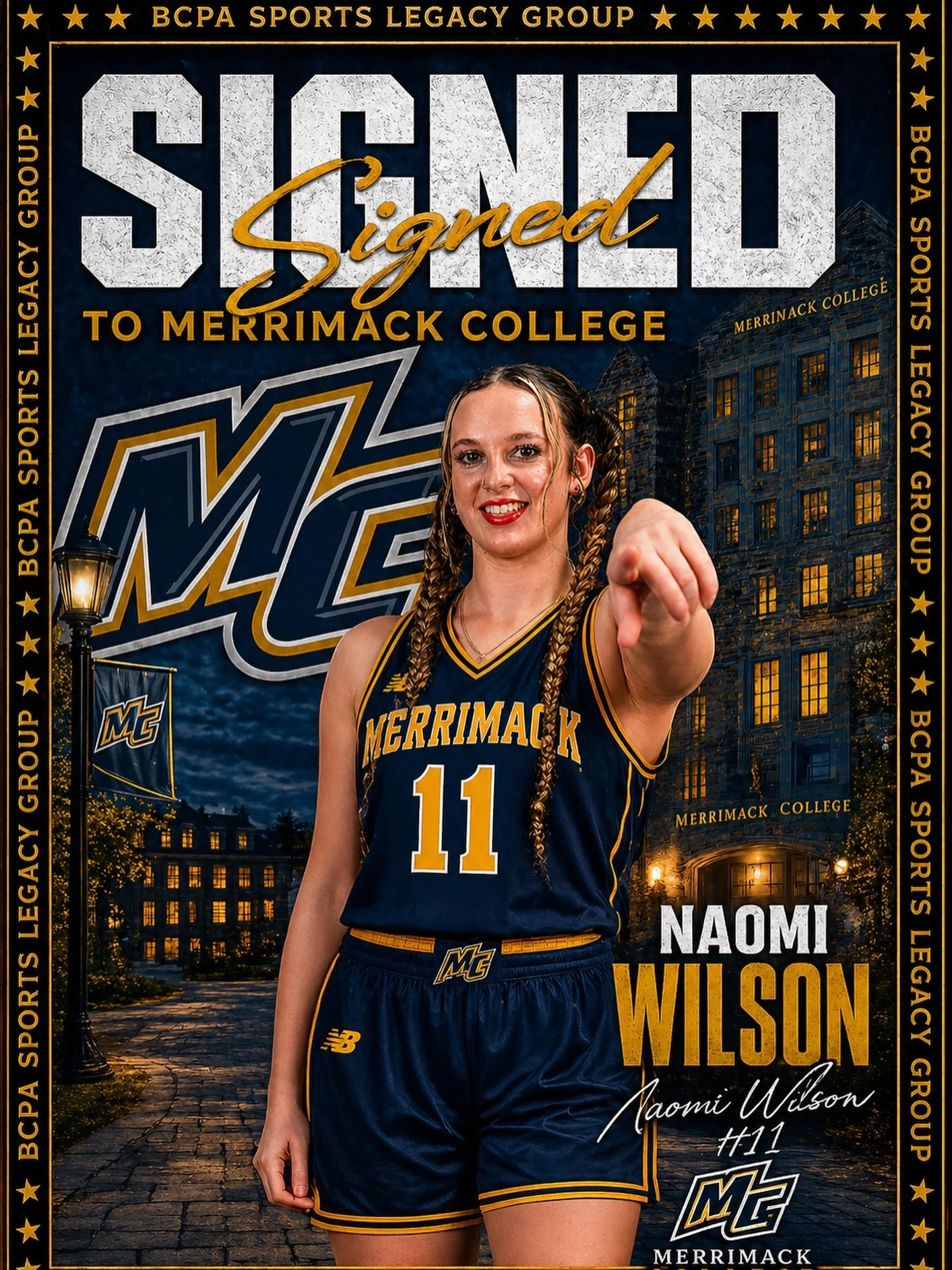 Naomi Wilson &mdash; Signed, sealed, delivered&hellip; Merrimack bound. Let&rsquo;s go! 🔵🟡🏀✍️ @naomi.wilson88 @naomi.wilson.basketball SigningDay #MerrimackCollege #WomensBasketball #NaomiWilson BCPA Sports Legacy Group🙏🏾🏀💪🏾💯🔥