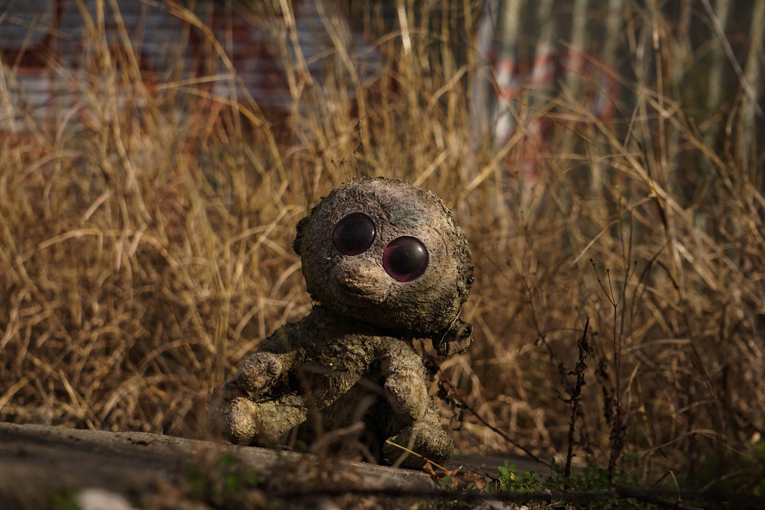 A small creature with a round head and large, shiny eyes, made of dirt and moss, sits outdoors among dry grass and twigs.