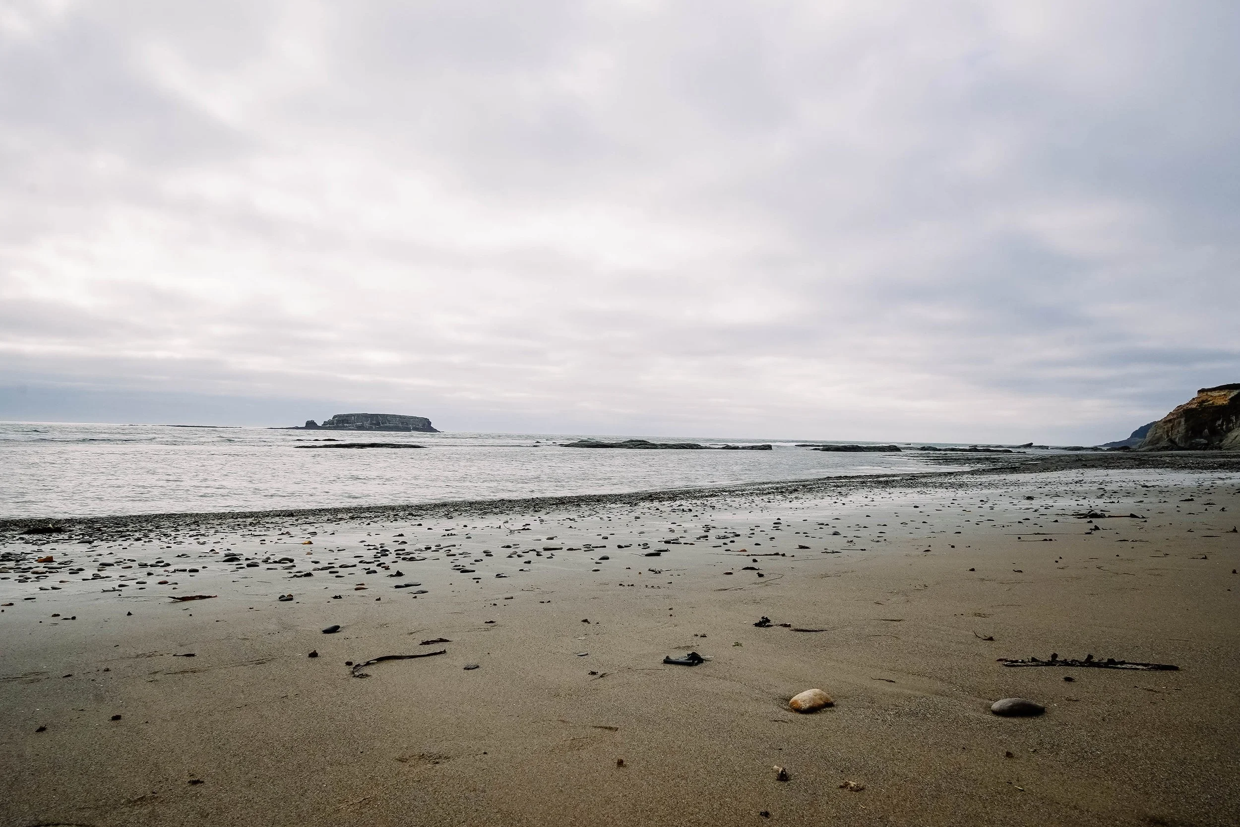 Overcast beach scene with scattered rocks and distant cliffs.