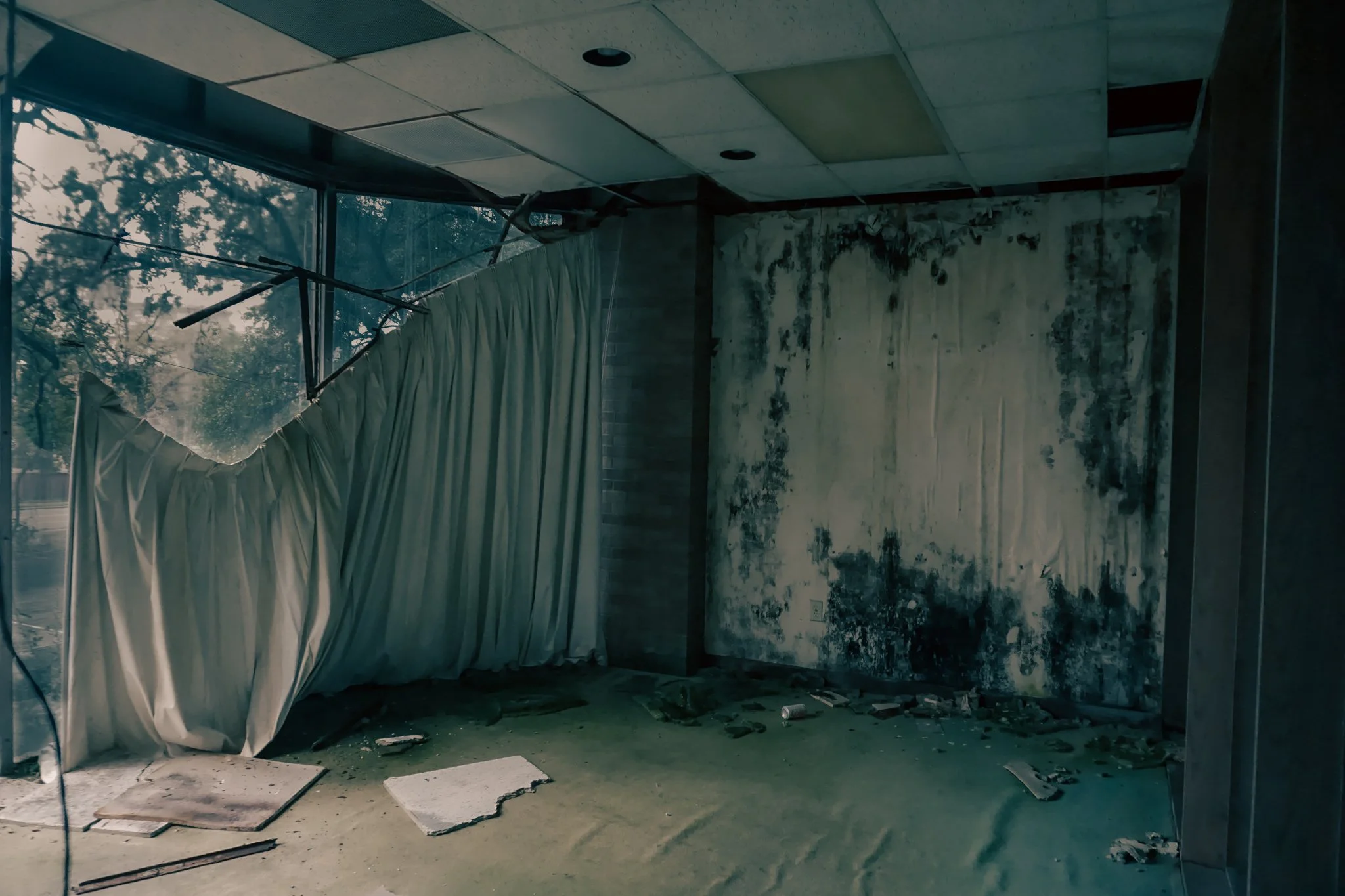 Room with moldy and damaged wall, torn curtain, dirty floor with debris, and broken ceiling panels.