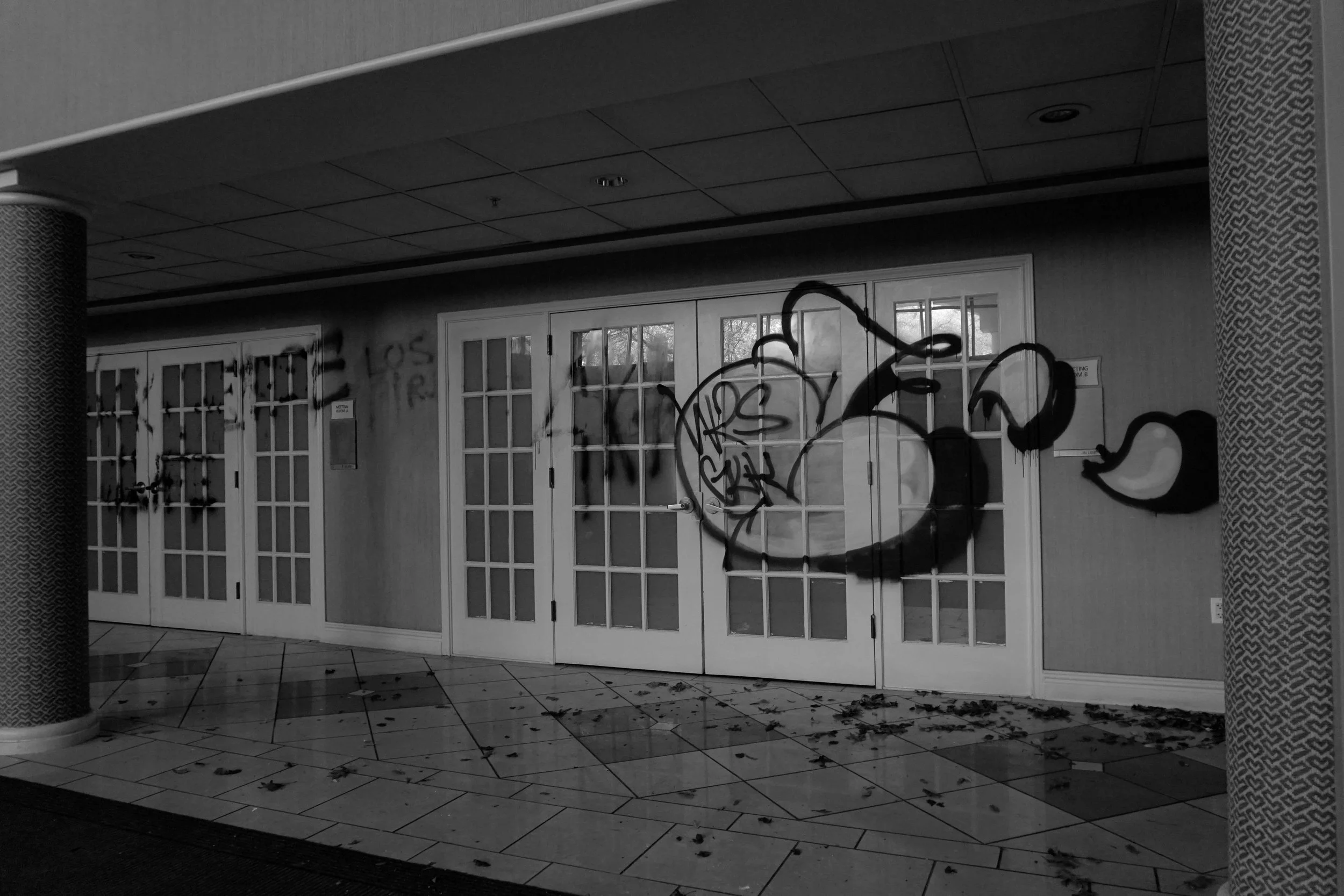 Inside view of a building with white double doors with glass panels, graffiti spray-painted on the walls and doors, and dried leaves scattered on the tiled floor.