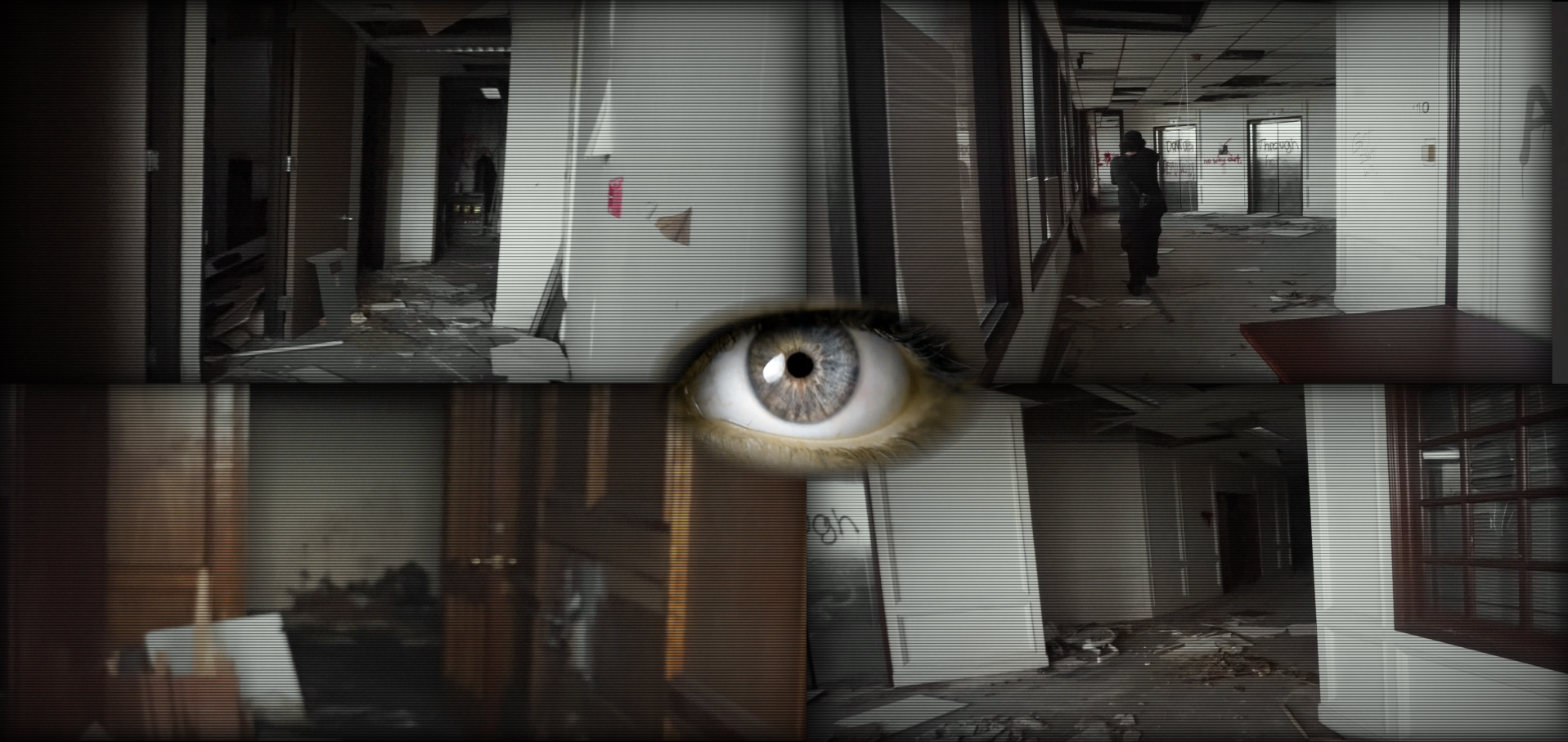 Composite image with four scenes of a building interior and an eye in the center. The scenes depict a corridor with debris, broken walls, and an abandoned, damaged environment. The eye in the center appears superimposed over the scenes.