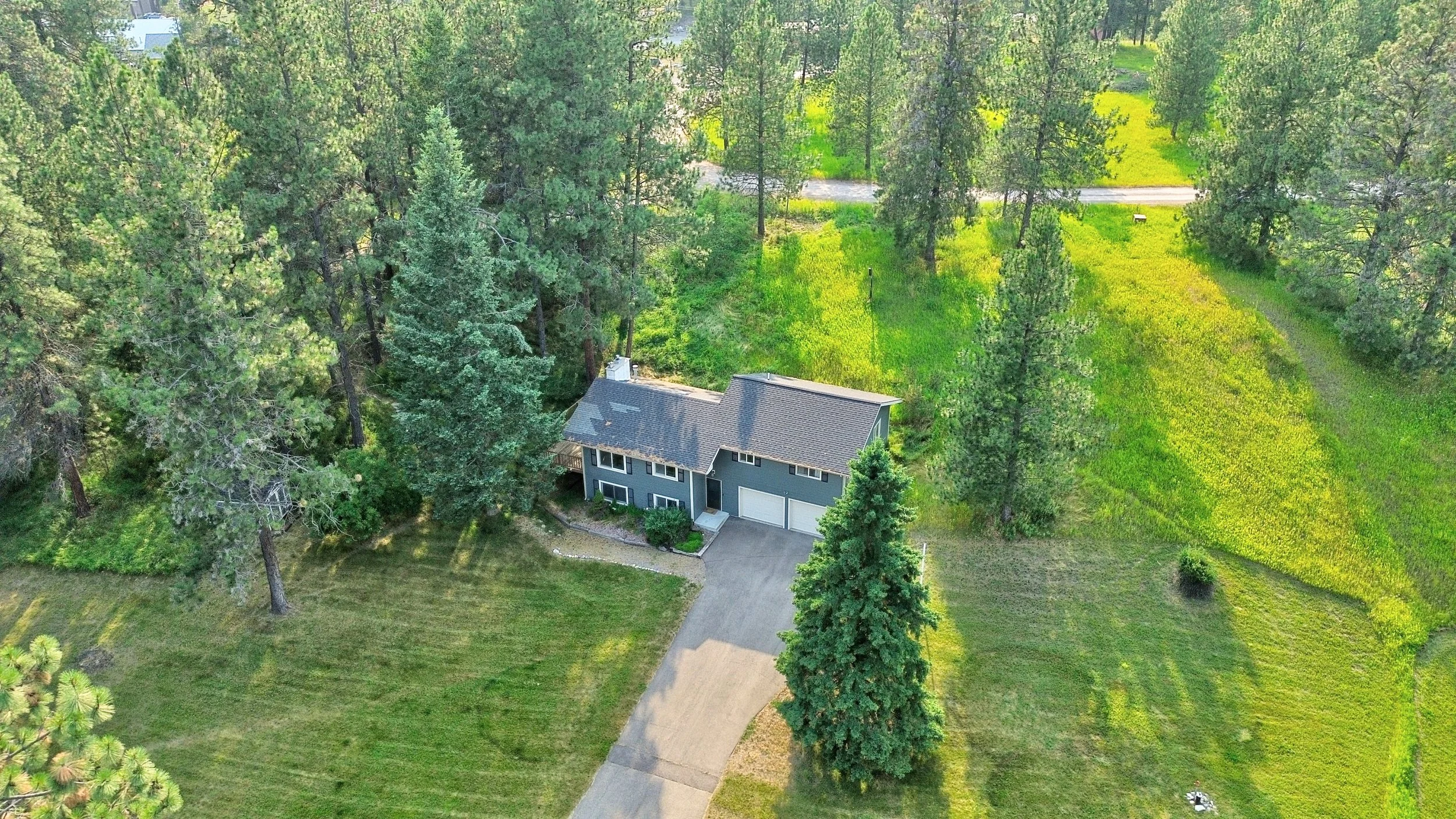 A two-story house surrounded by tall trees and a large grassy yard with a driveway leading to an attached garage.