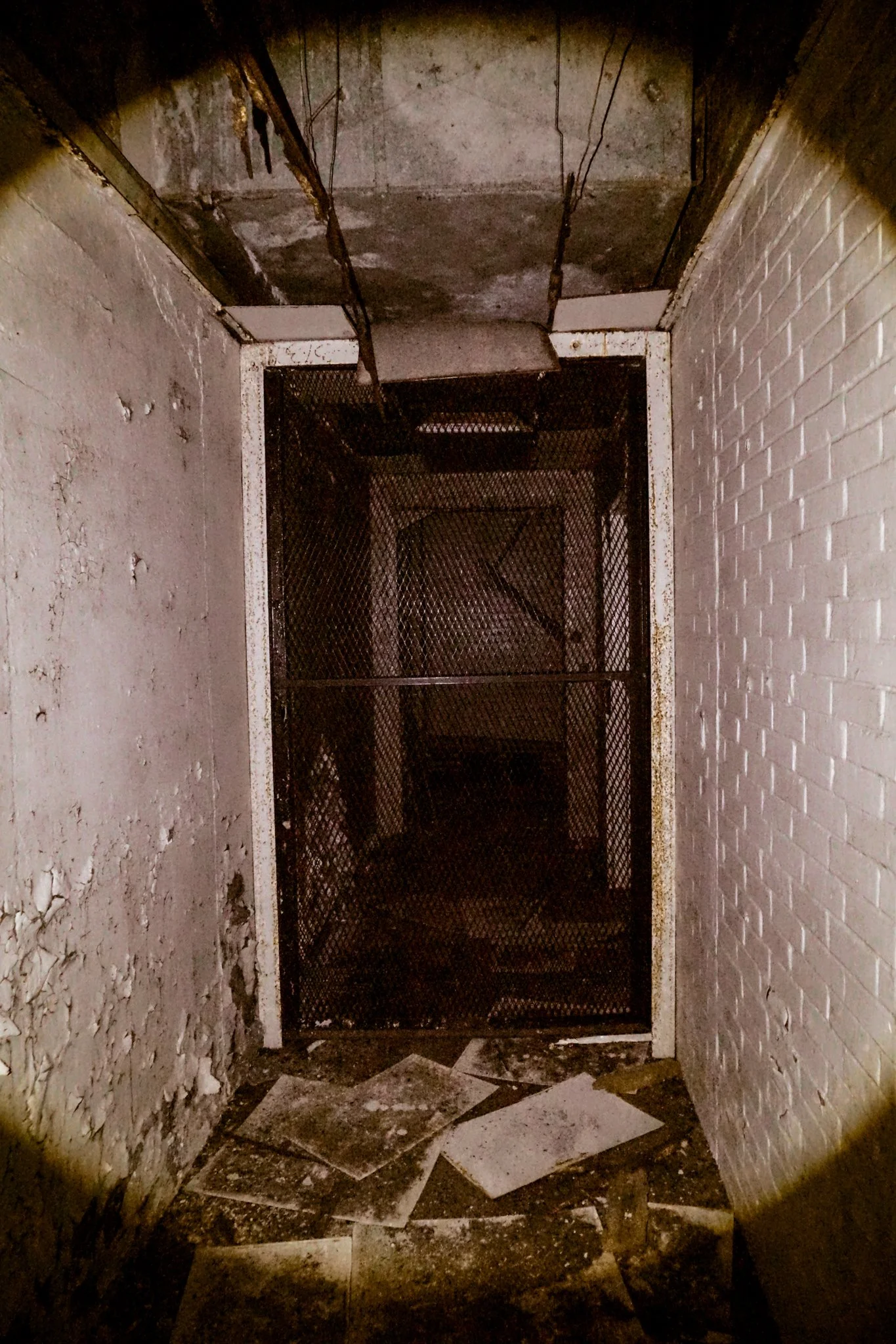 Dark, abandoned stairwell with dirty, peeling walls and a metal gate at the bottom, with scattered papers on the floor.