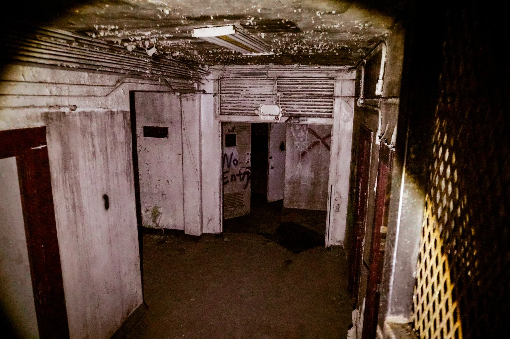 Dark, abandoned corridor with peeling walls, graffiti, and debris, lit dimly.