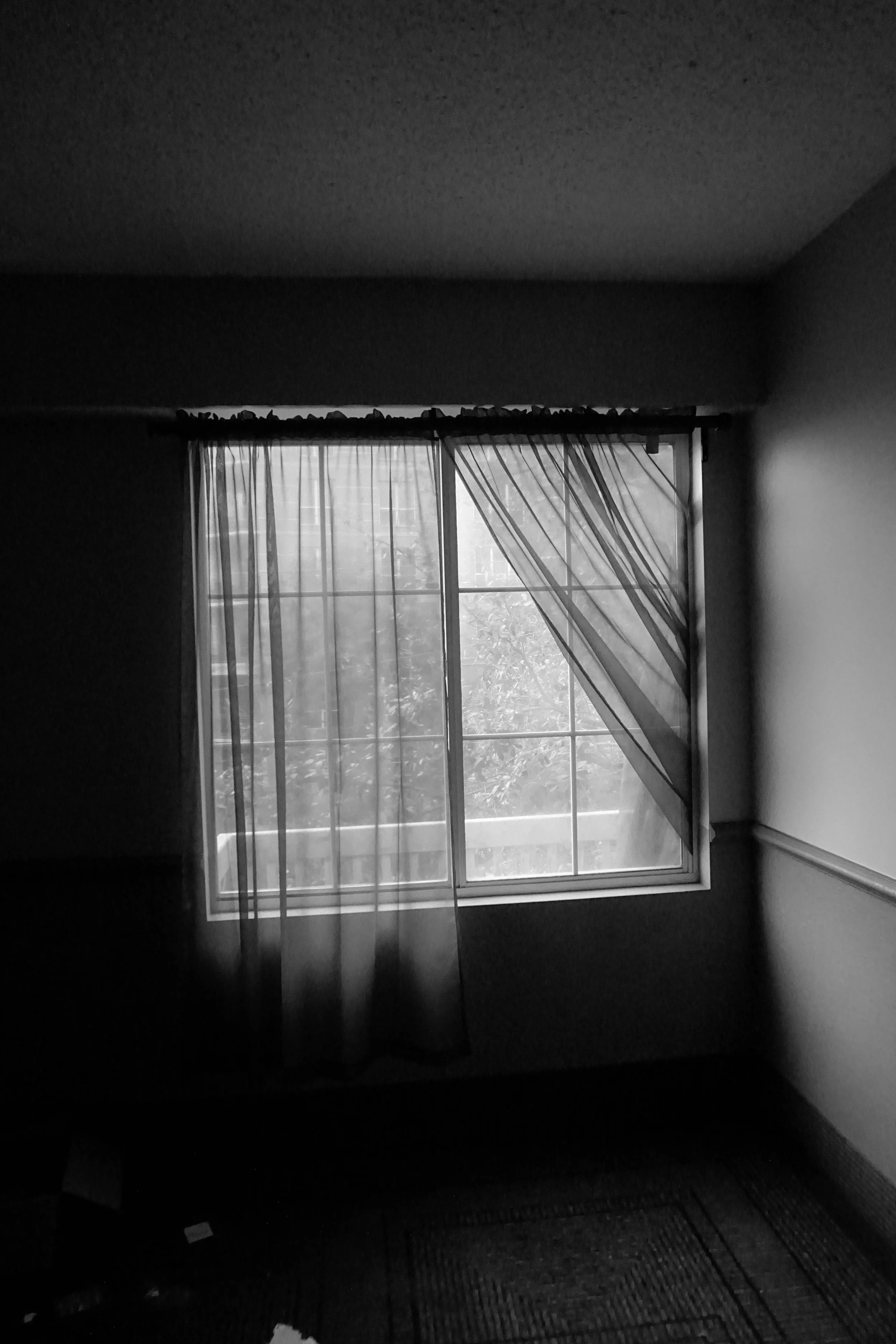 A black and white photo of a window with curtains, one sheer curtain partially drawn, showing a balcony and trees outside.