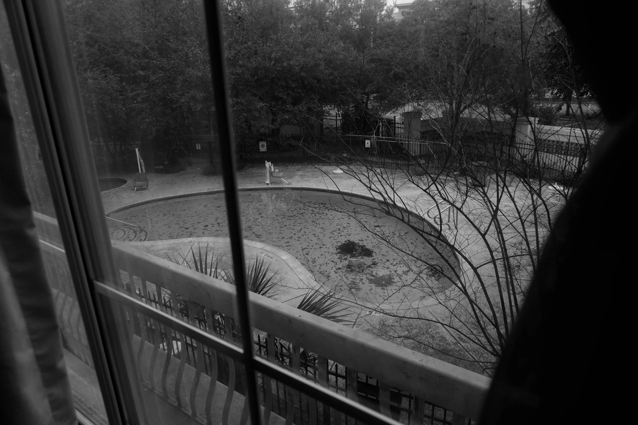View of a deserted outdoor swimming pool with fallen leaves, seen through a window with a curtain partially drawn.