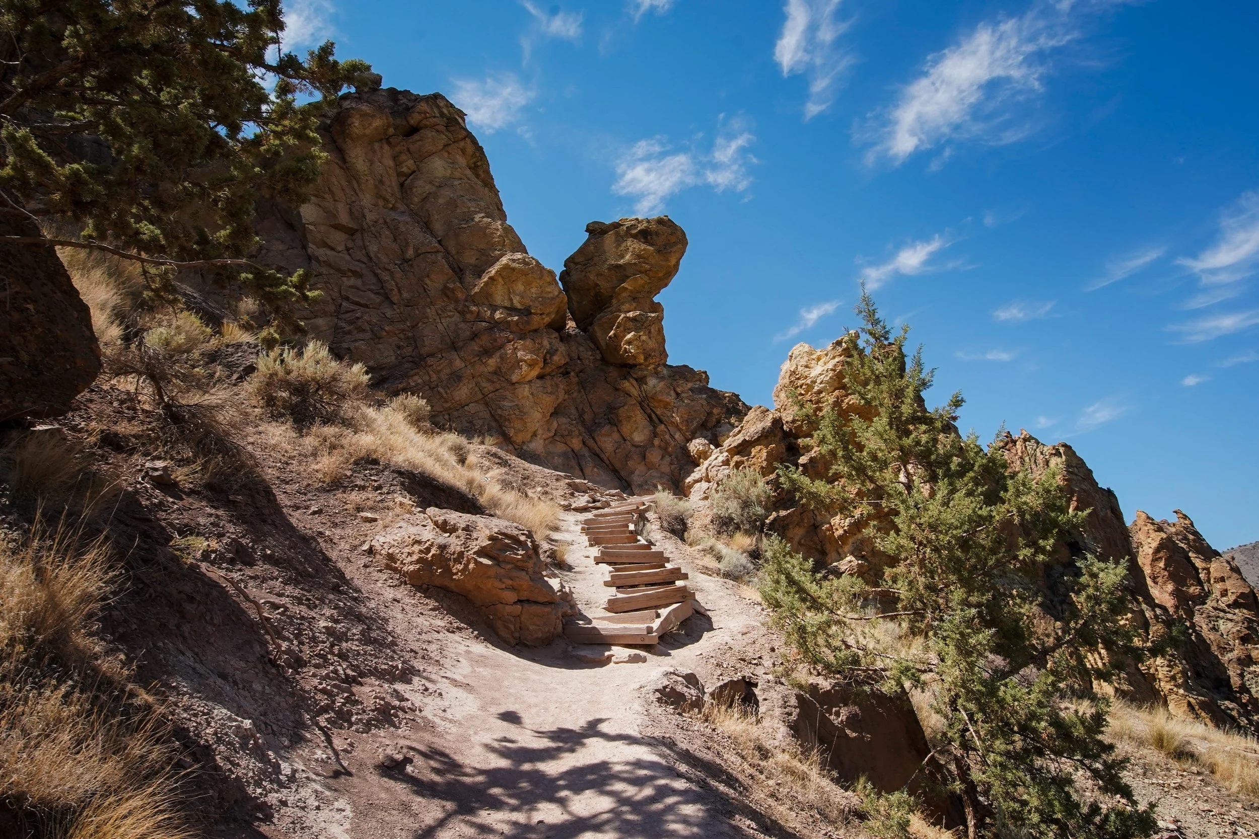 A rocky mountain trail with wooden steps leading upward, surrounded by sparse bushes and trees under a bright blue sky with some white clouds.