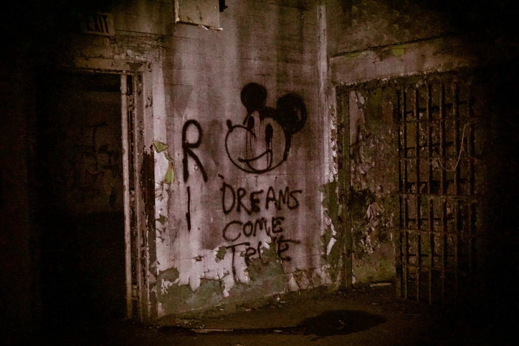 Graffiti of Mickey Mouse on a peeling, cracked wall with the message 'Dreams come true' written below.