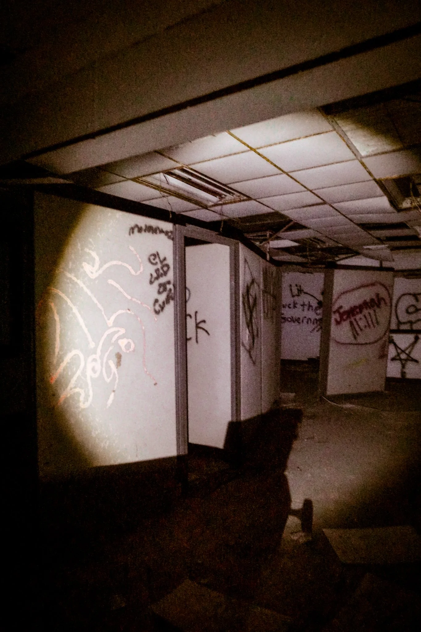 Abandoned room with graffitied white walls and a dropped ceiling with missing tiles, illuminated by a flashlight.
