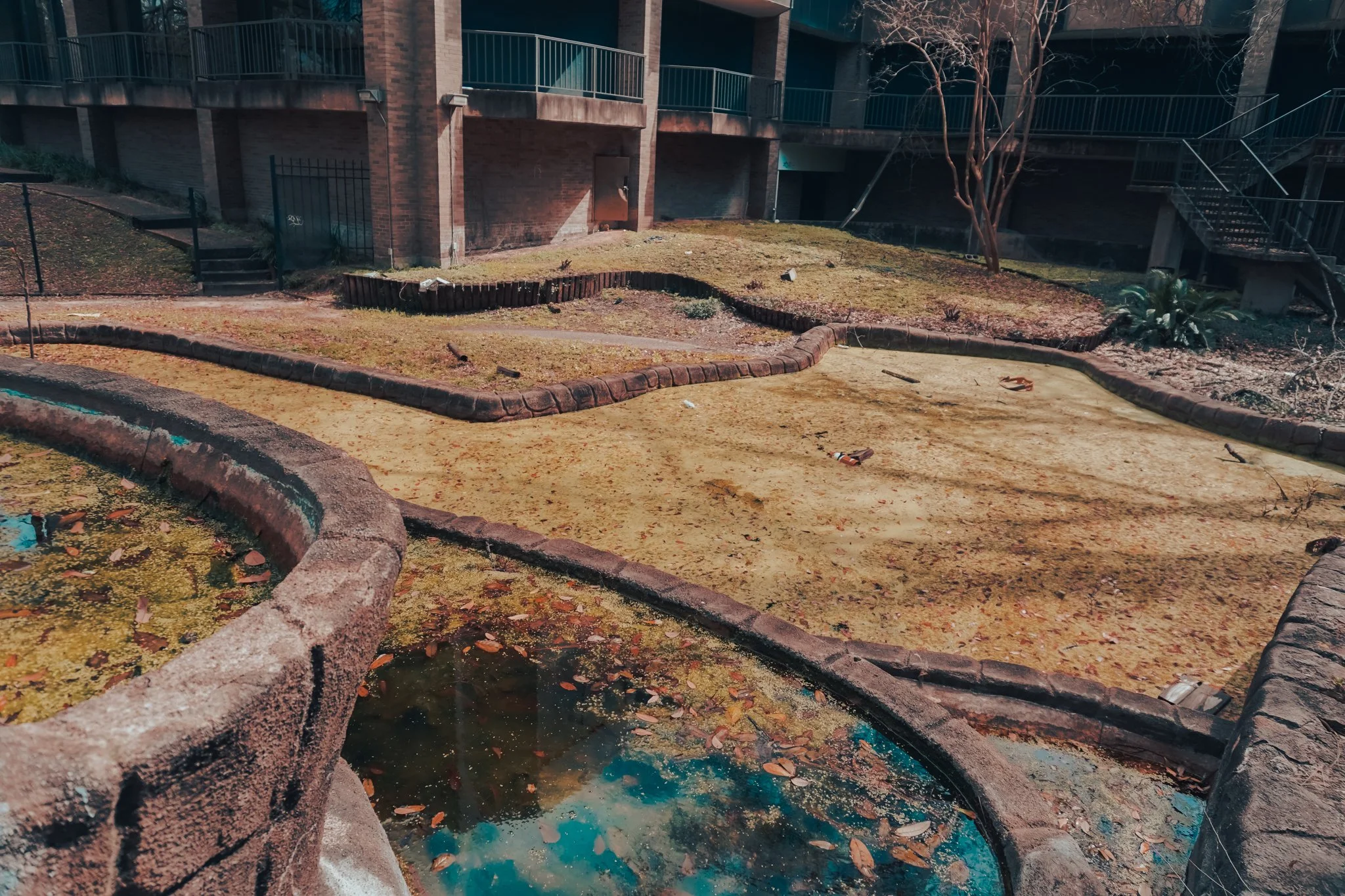 Empty, neglected outdoor courtyard with patches of dried grass, dirt, and puddles of water, surrounded by brick and concrete walls with building structures and staircases in the background.
