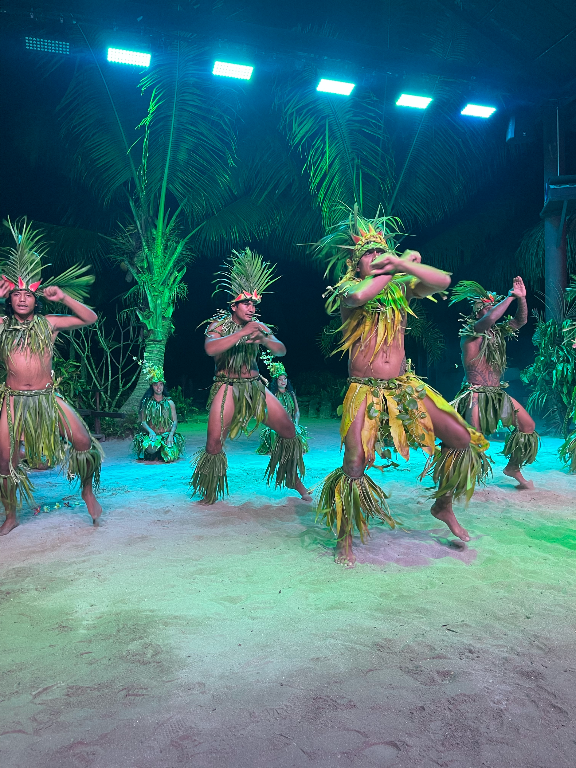 People dressed in costumes made of leaves and tropical plants, performing a dance on a stage with green lighting and large palm leaves in the background.