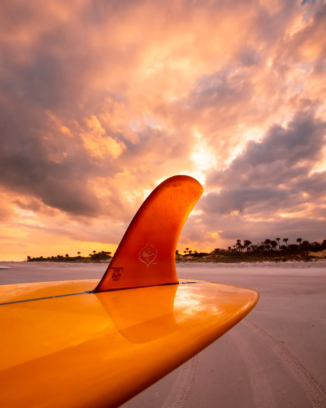 Close-up of a yellow surfboard with a fin on a beach at sunset, with clouds and trees in the background.