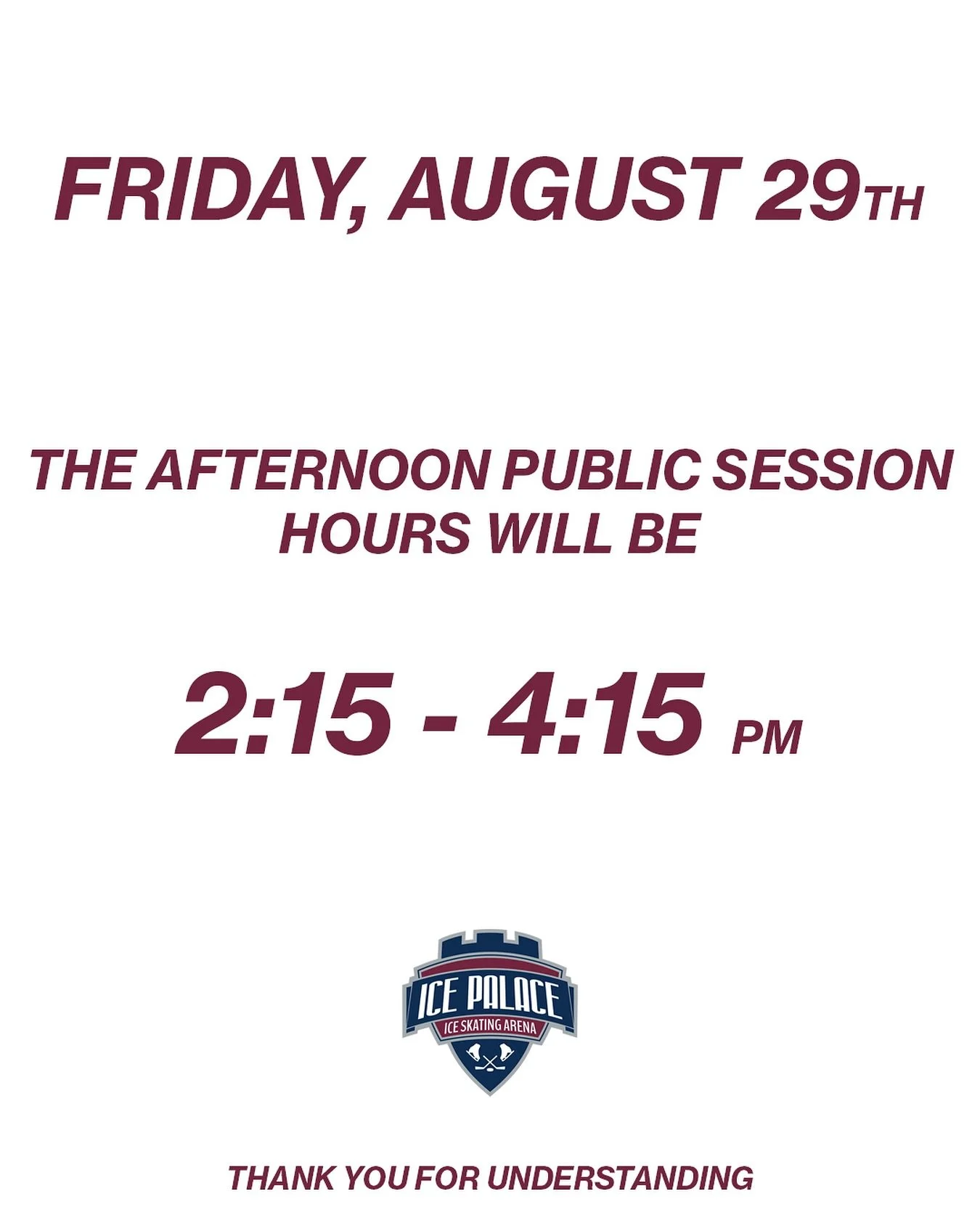 Our public session on Friday, August 29th will end at 4:15pm. Thank you for understanding.

#Skating #IceSkating #AlisoViejo