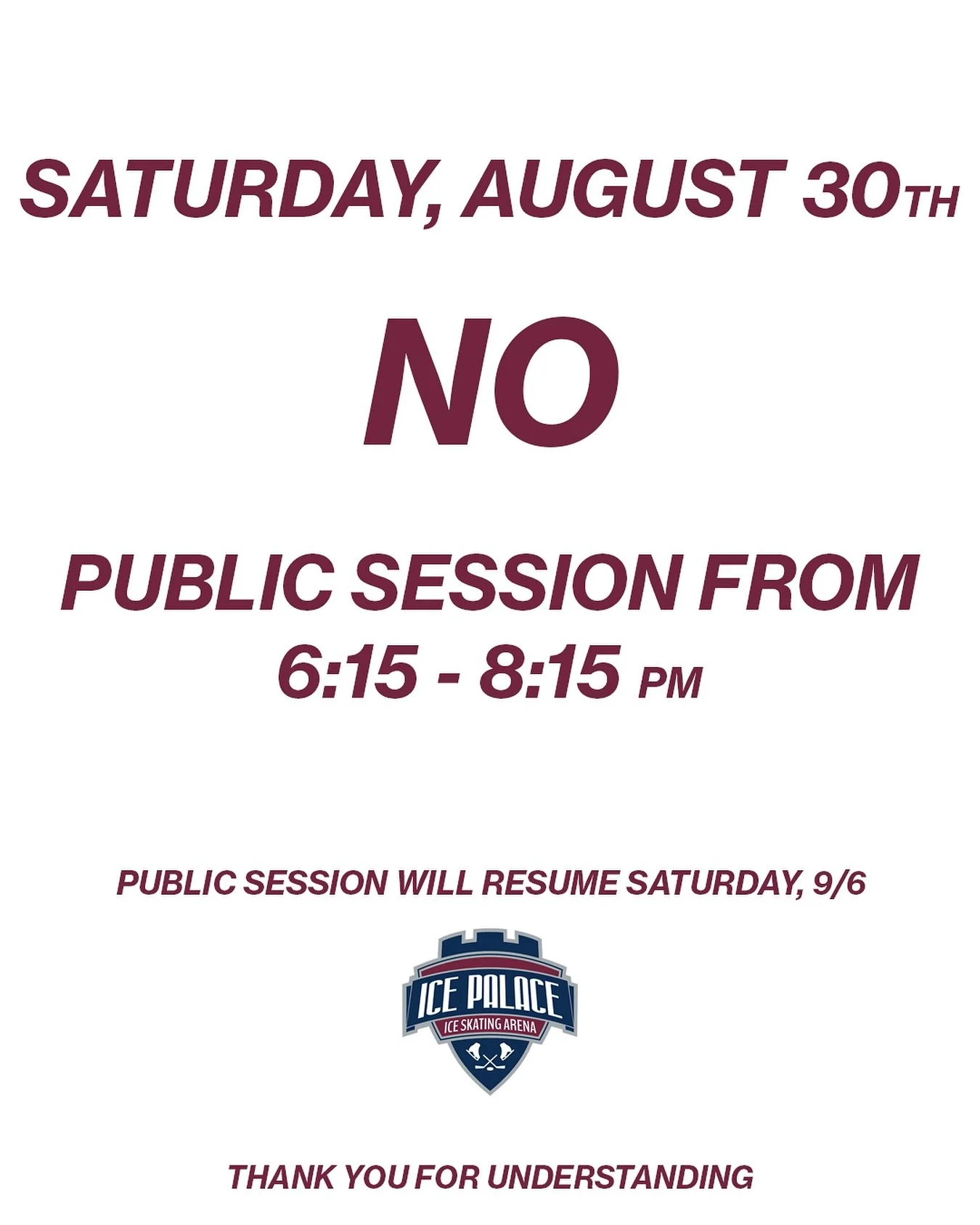 A reminder that our evening public session from 6:15-8:15 PM is canceled and will resume Saturday, 9/6.

We appreciate your understanding.

#alisoviejo #iceskating #publicsession