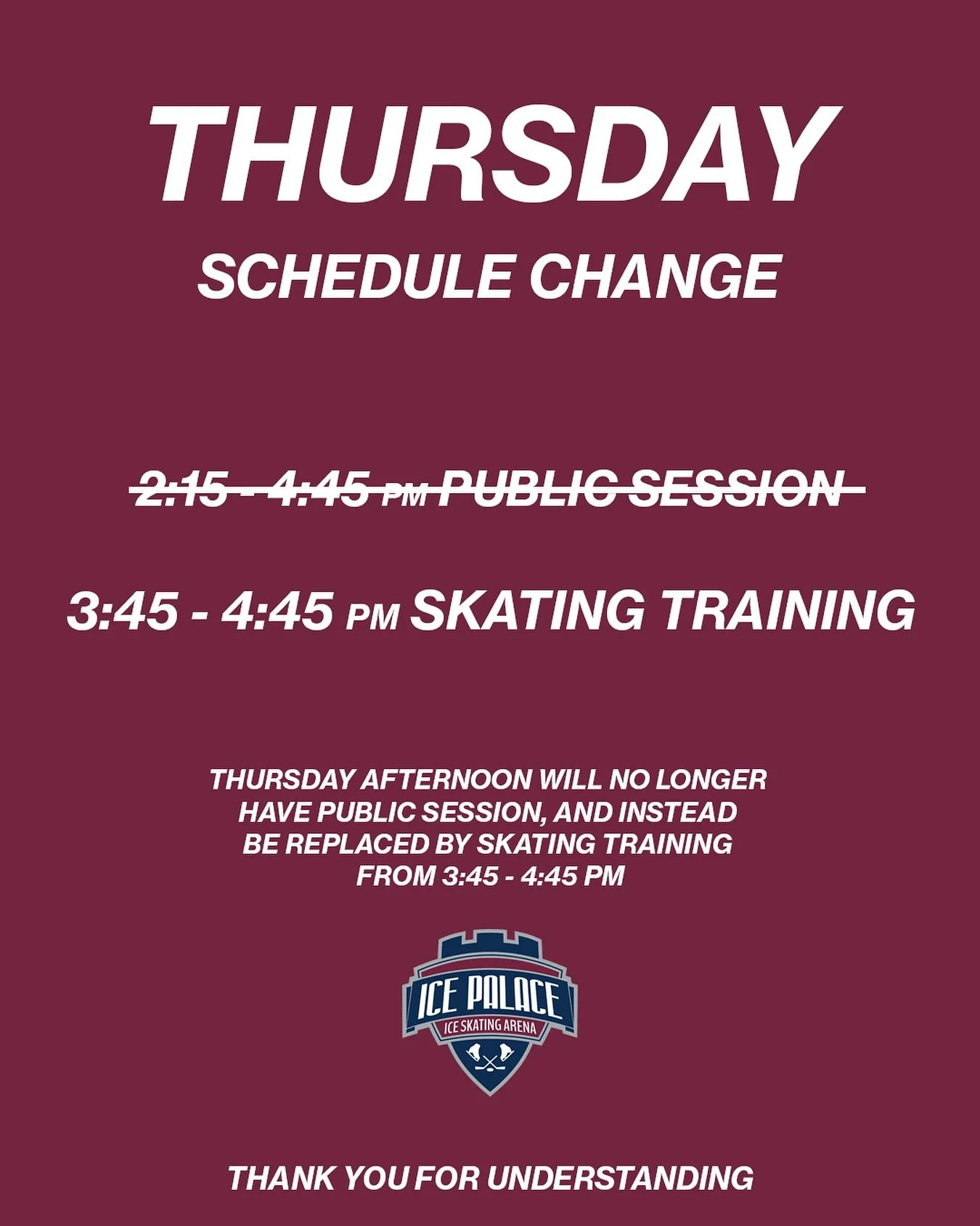 An update to our Thursday schedule. Public session is no longer held from 2:15-4:45PM and instead replaced by Skating Training from 3:45-4:45PM.

#alisoviejo #schedule #iceskating