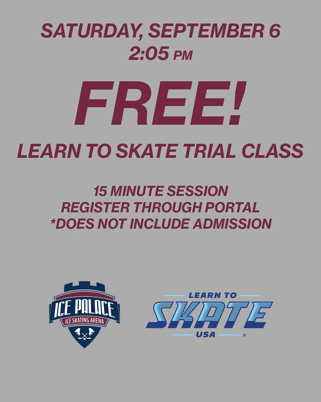 We are hosting another trial learn to skate class! Join us Saturday, September 6th at 2:05 PM to begin your ice skating journey!

#iceskating #learntoskate #figureskating