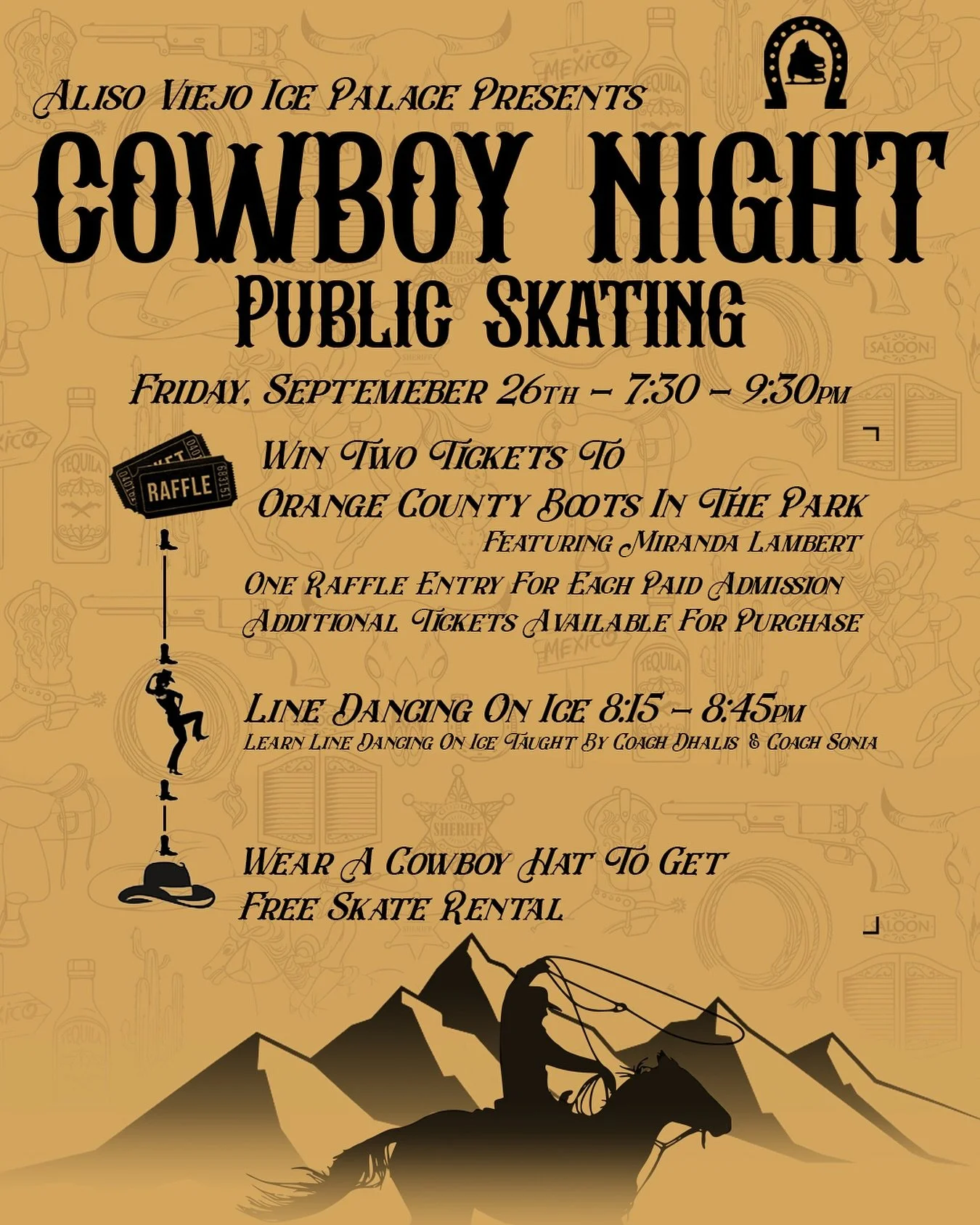 Cowboy Night Public Skating is coming to Aliso Viejo Ice Palace Friday, September 26th!

Be there for a chance to win two tickets to Orange County Boots in the Park featuring Miranda Lambert!
And don&rsquo;t miss out on the line dancing on ice taught