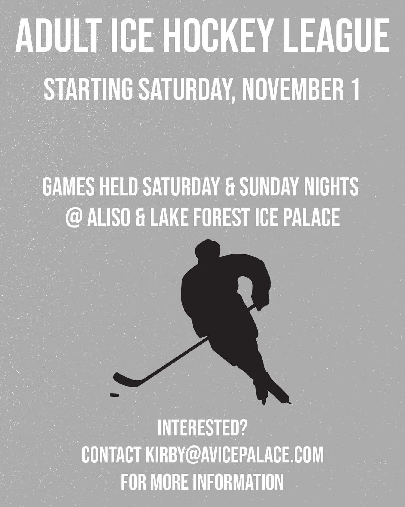 Our Adult Hockey League is starting Saturday November 1st! Be sure to register and secure your spot. Don&rsquo;t miss out!

Contact kirby@avicepalace.com for more information

#adulthockey #hockey #icehockey