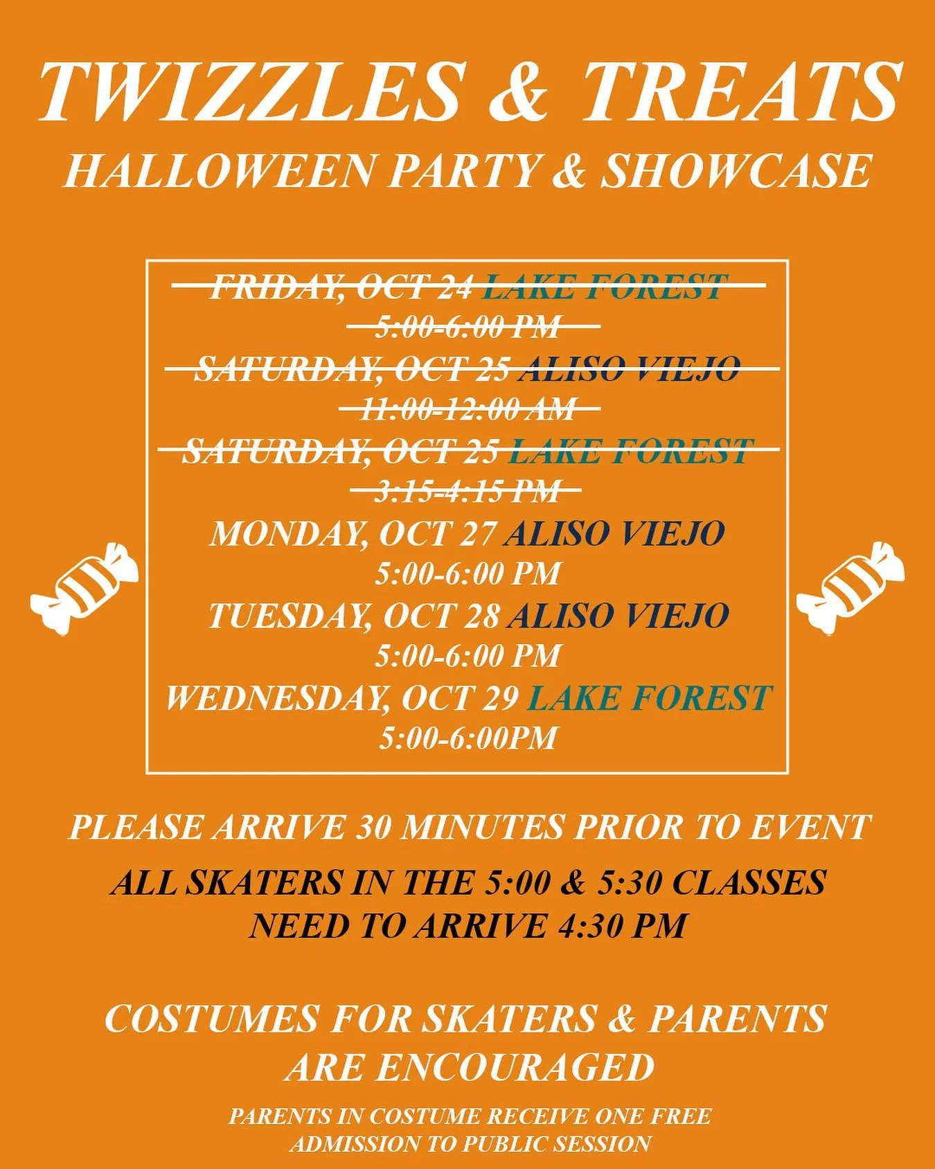 Our Twizzles &amp; Treats Event continues this week! Don&rsquo;t miss out on the fun! 

The 5:00 &amp; 5:30 PM classes should both arrive by 4:30 PM for check in. Don&rsquo;t be late!

#alisoviejoicepalace #halloween #twizzles #treats #iceskating #sk